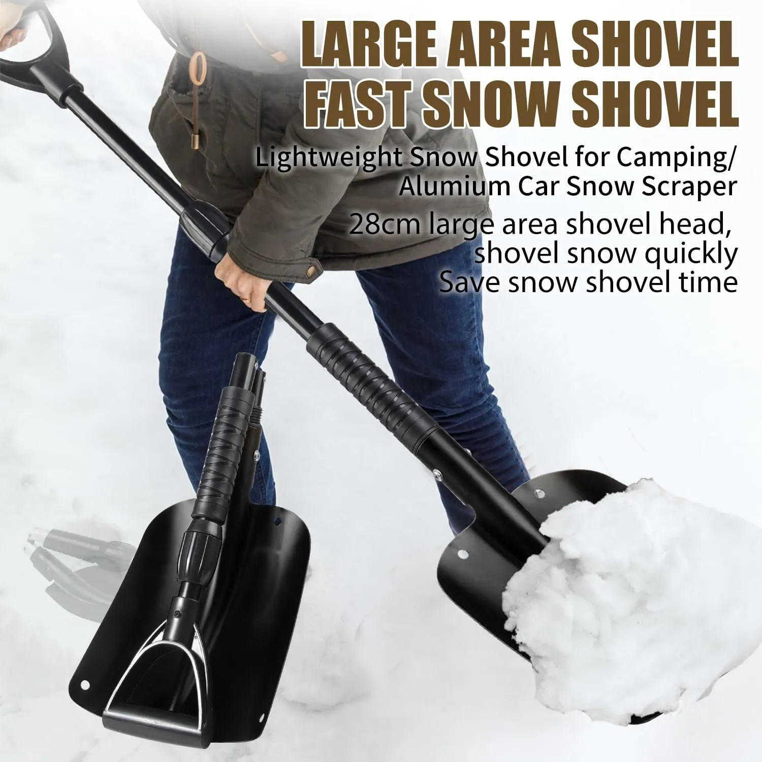 40" Folding Emergency Snow Shovel for Car, Black Aluminum Multi-purpose Shovel with Comfortable D-Grip Handle