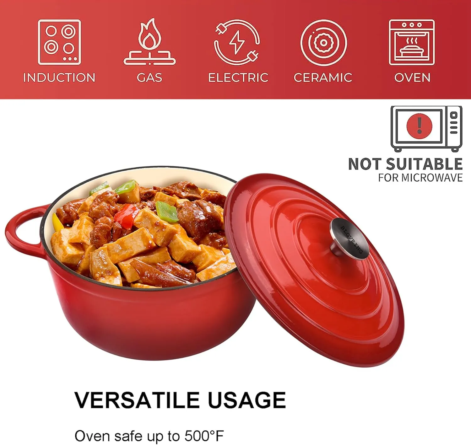 4.5 QT Enameled Cast Iron Dutch Oven with Lid Round Dutch Oven Big Dual Handles Classic Round Pot for Home Baking, Cooking, Red