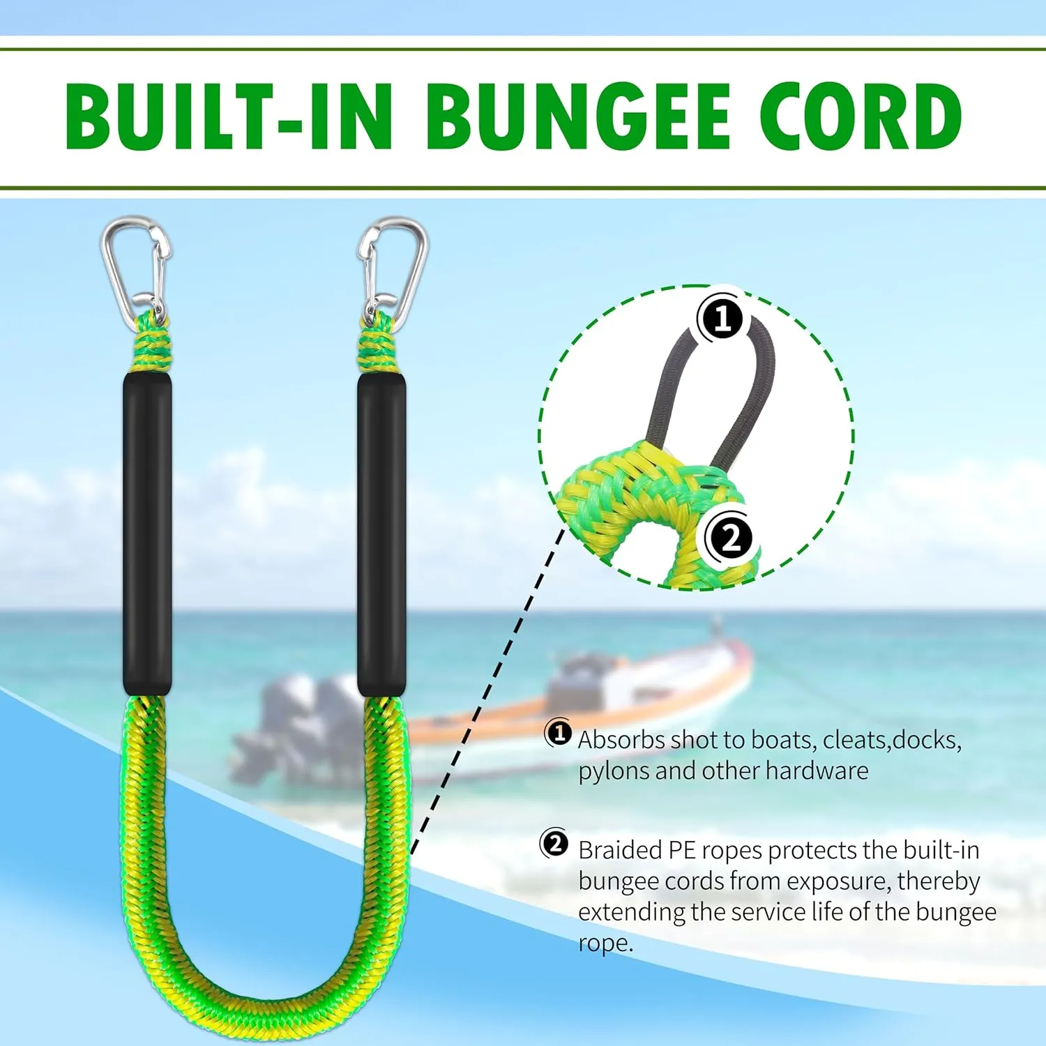 4ft Bungee Dock Lines for Boat, Dock Mooring Ropes (Green & Yellow, 4ft Two Hooks)