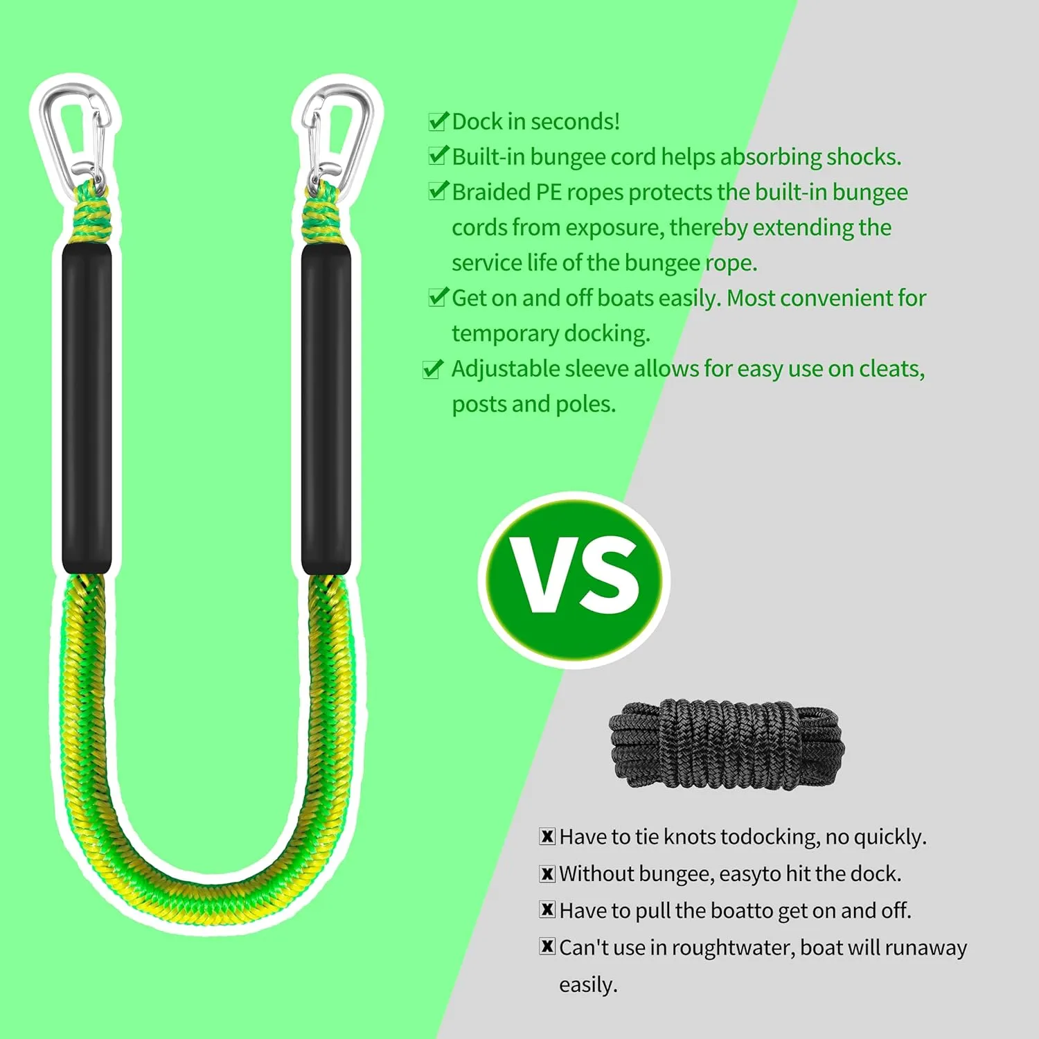 4ft Bungee Dock Lines for Boat, Dock Mooring Ropes (Green & Yellow, 4ft Two Hooks)