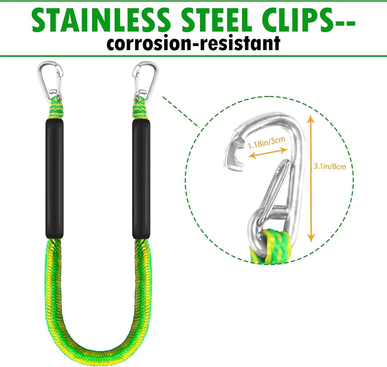 4ft Bungee Dock Lines for Boat, Dock Mooring Ropes (Green & Yellow, 4ft Two Hooks)
