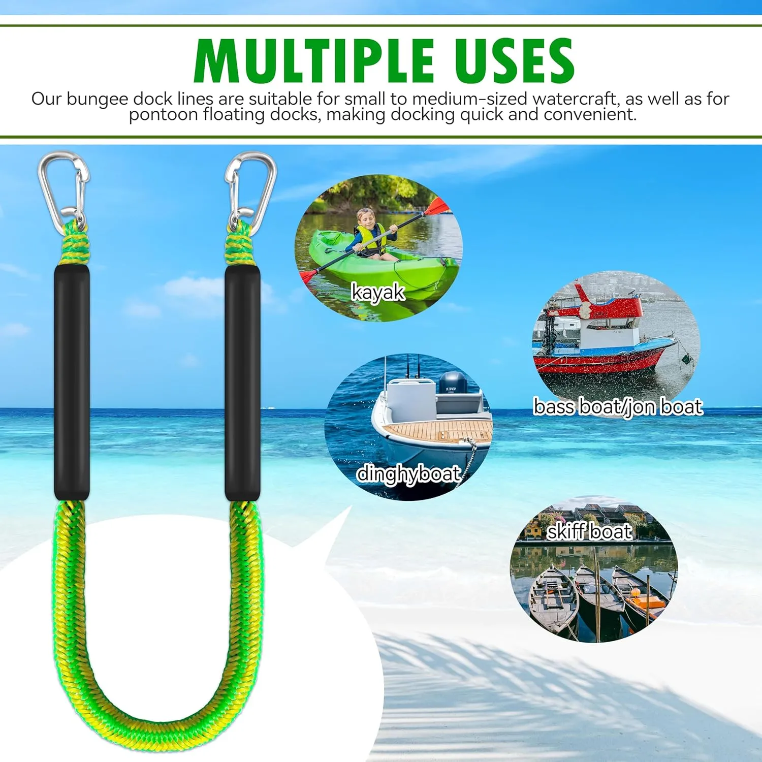 4ft Bungee Dock Lines for Boat, Dock Mooring Ropes (Green & Yellow, 4ft Two Hooks)