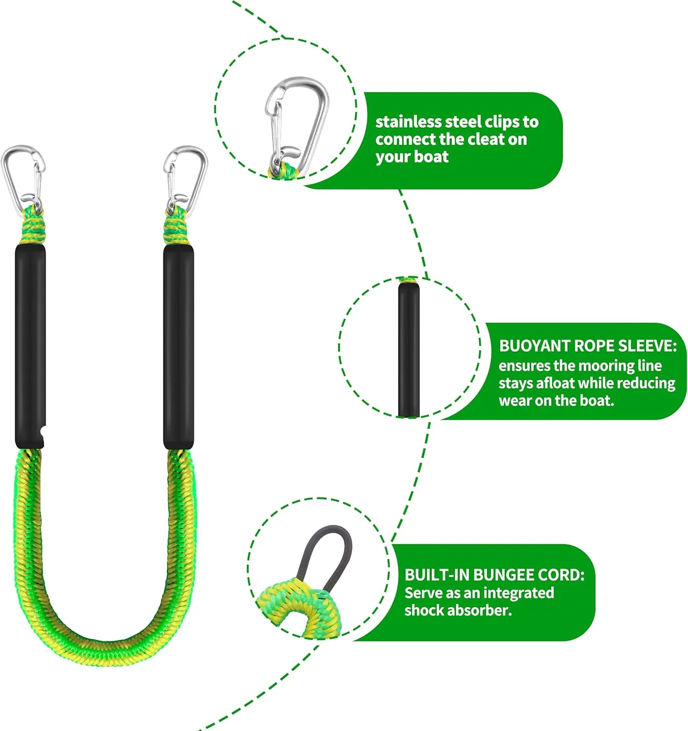 4ft Bungee Dock Lines for Boat, Dock Mooring Ropes (Green & Yellow, 4ft Two Hooks)
