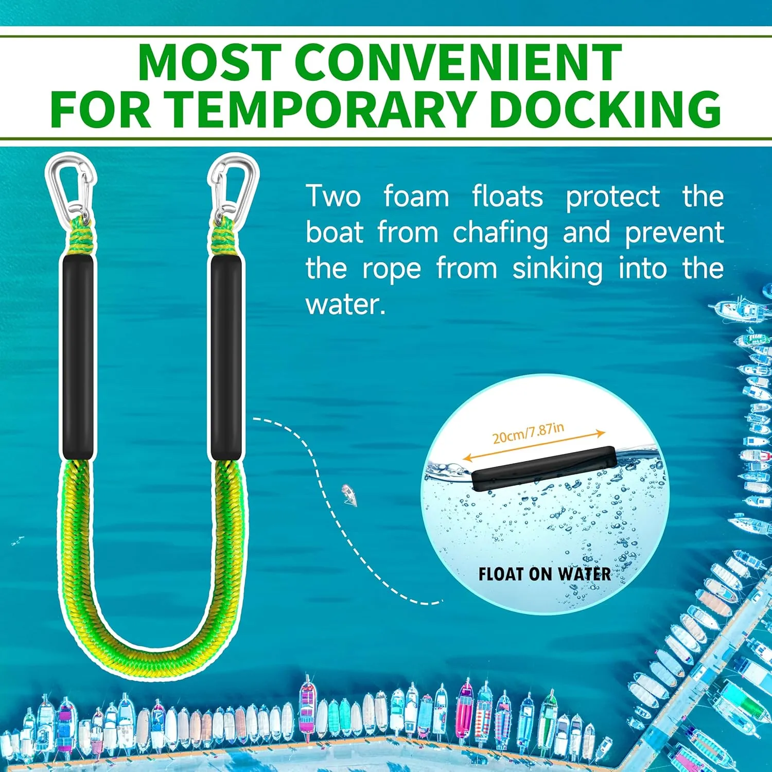 4ft Bungee Dock Lines for Boat, Dock Mooring Ropes (Green & Yellow, 4ft Two Hooks)