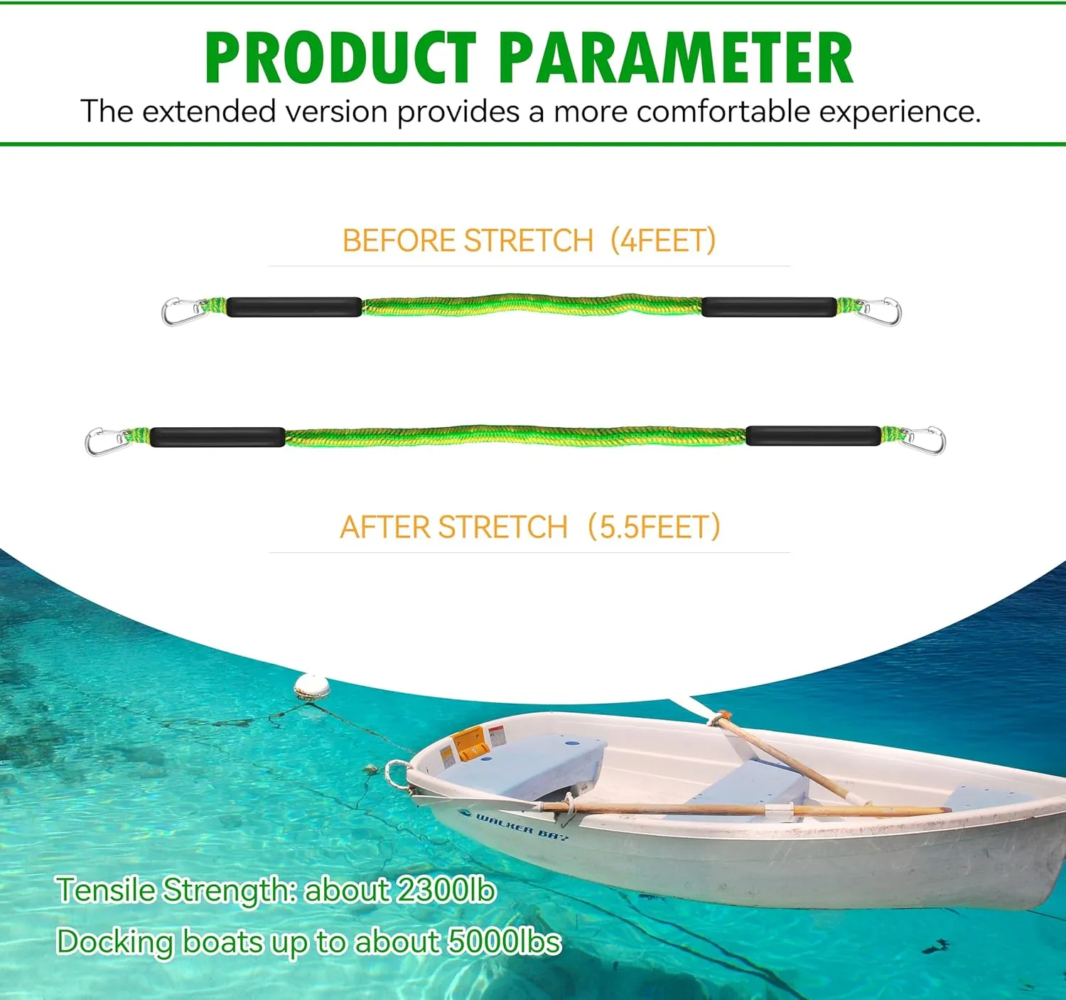 4ft Bungee Dock Lines for Boat, Dock Mooring Ropes (Green & Yellow, 4ft Two Hooks)