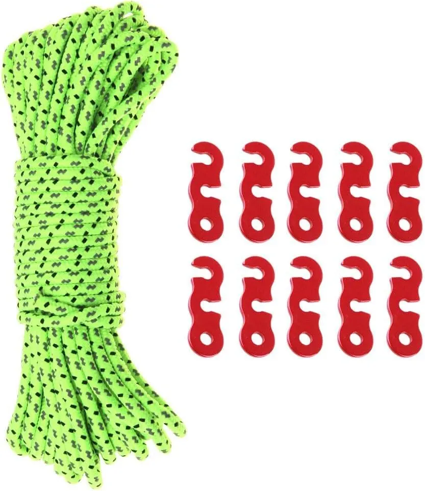 4mm x 10m Reflective Camping Tent Rope with 10 Aluminum Tensioners for Awning, Canopy, and Luggage