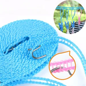 5 Meters Windproof Anti-Slip Clothes Washing Line Drying Nylon Rope with Hooks - Multicolor