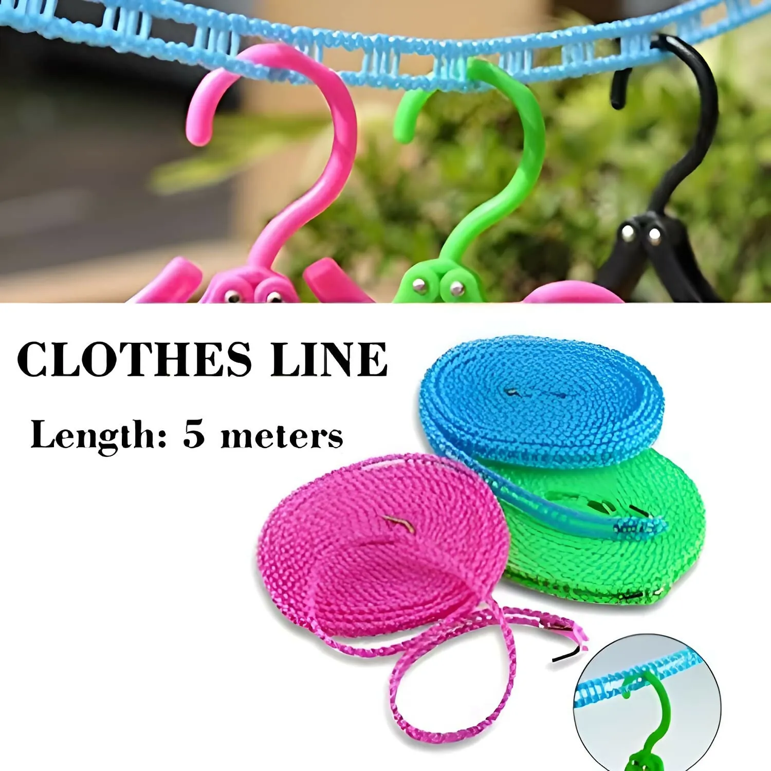5 Meters Windproof Anti-Slip Clothes Washing Line Drying Nylon Rope with Hooks - Multicolor