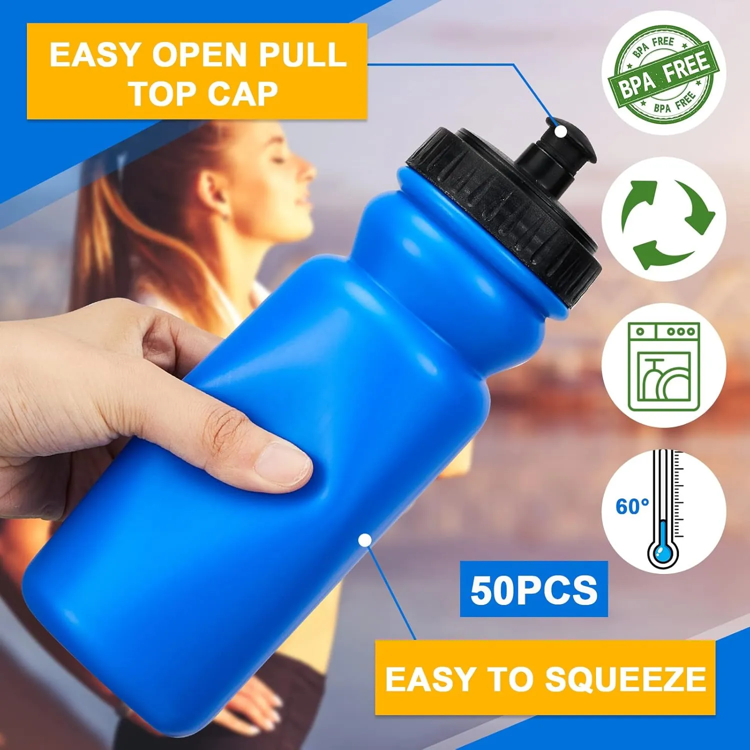 50 Pieces Sports Water Bottles 20 oz Water Bottles Squeeze in Bulk Reusable Plastic Water Bottles BPA Free Blank Water Bottles for Major Sporting Events Adults