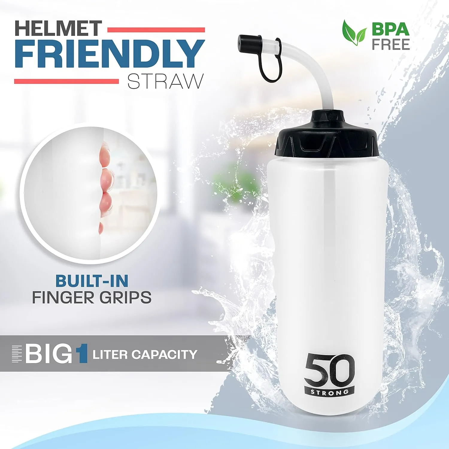 50 Strong 1 Liter Water Bottle with Straw – 2-Pack Easy-Squeeze Sports Bottles with Long Straw & Built-In Finger Grip – BPA-Free – Made in USA – Ideal for Hockey, Football, Lacrosse & Boxing