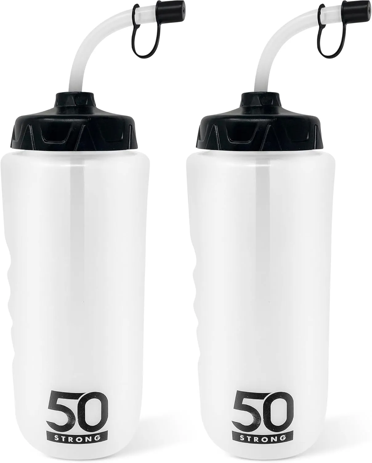 50 Strong 1 Liter Water Bottle with Straw – 2-Pack Easy-Squeeze Sports Bottles with Long Straw & Built-In Finger Grip – BPA-Free – Made in USA – Ideal for Hockey, Football, Lacrosse & Boxing