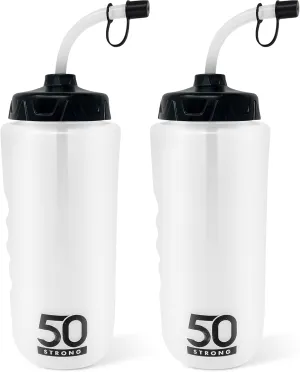 50 Strong 1 Liter Water Bottle with Straw – 2-Pack Easy-Squeeze Sports Bottles with Long Straw & Built-In Finger Grip – BPA-Free – Made in USA – Ideal for Hockey, Football, Lacrosse & Boxing