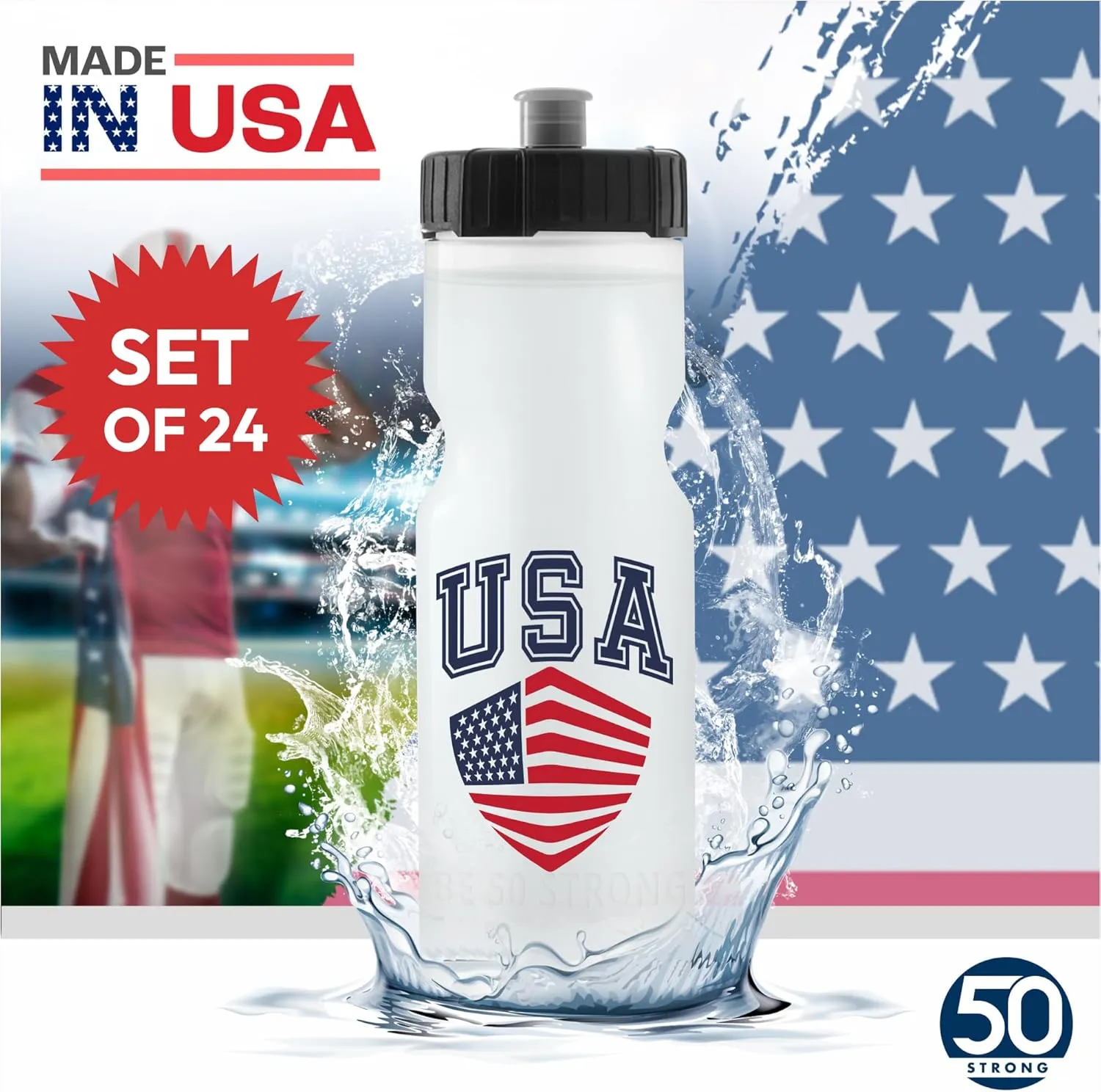 50 Strong Bulk Water Bottles | 24 Pack Sports Bottle | 22 oz. BPA-Free Easy Open with Pull Top Cap | Made in USA | Reusable Plastic Water Bottles for Adults & Kids | Top Rack Dishwasher Safe