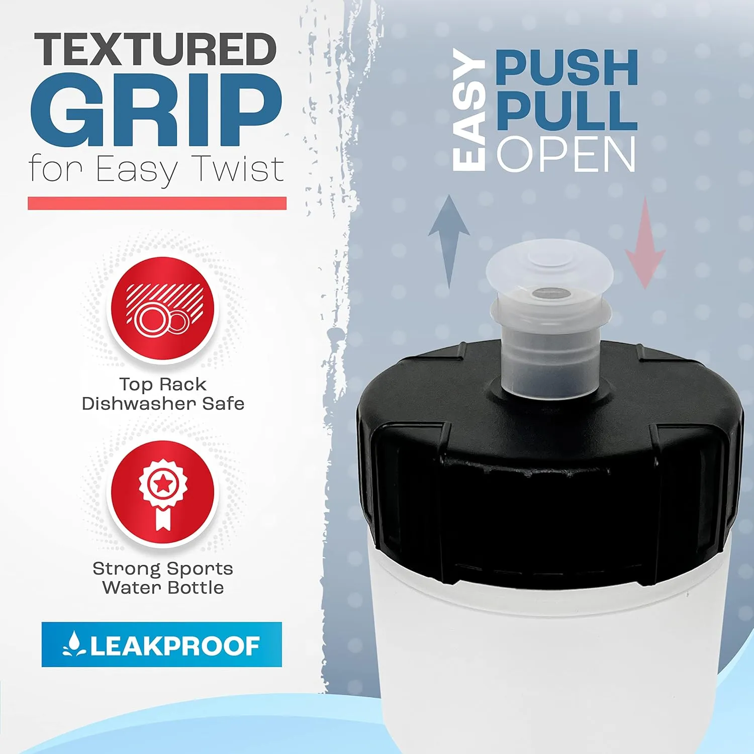 50 Strong Bulk Water Bottles | 24 Pack Sports Bottle | 22 oz. BPA-Free Easy Open with Pull Top Cap | Made in USA | Reusable Plastic Water Bottles for Adults & Kids | Top Rack Dishwasher Safe