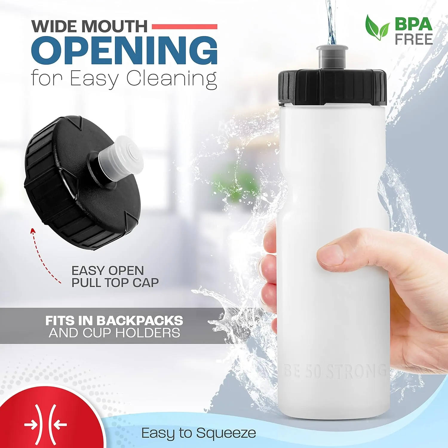 50 Strong Bulk Water Bottles | 24 Pack Sports Bottle | 22 oz. BPA-Free Easy Open with Pull Top Cap | Made in USA | Reusable Plastic Water Bottles for Adults & Kids | Top Rack Dishwasher Safe