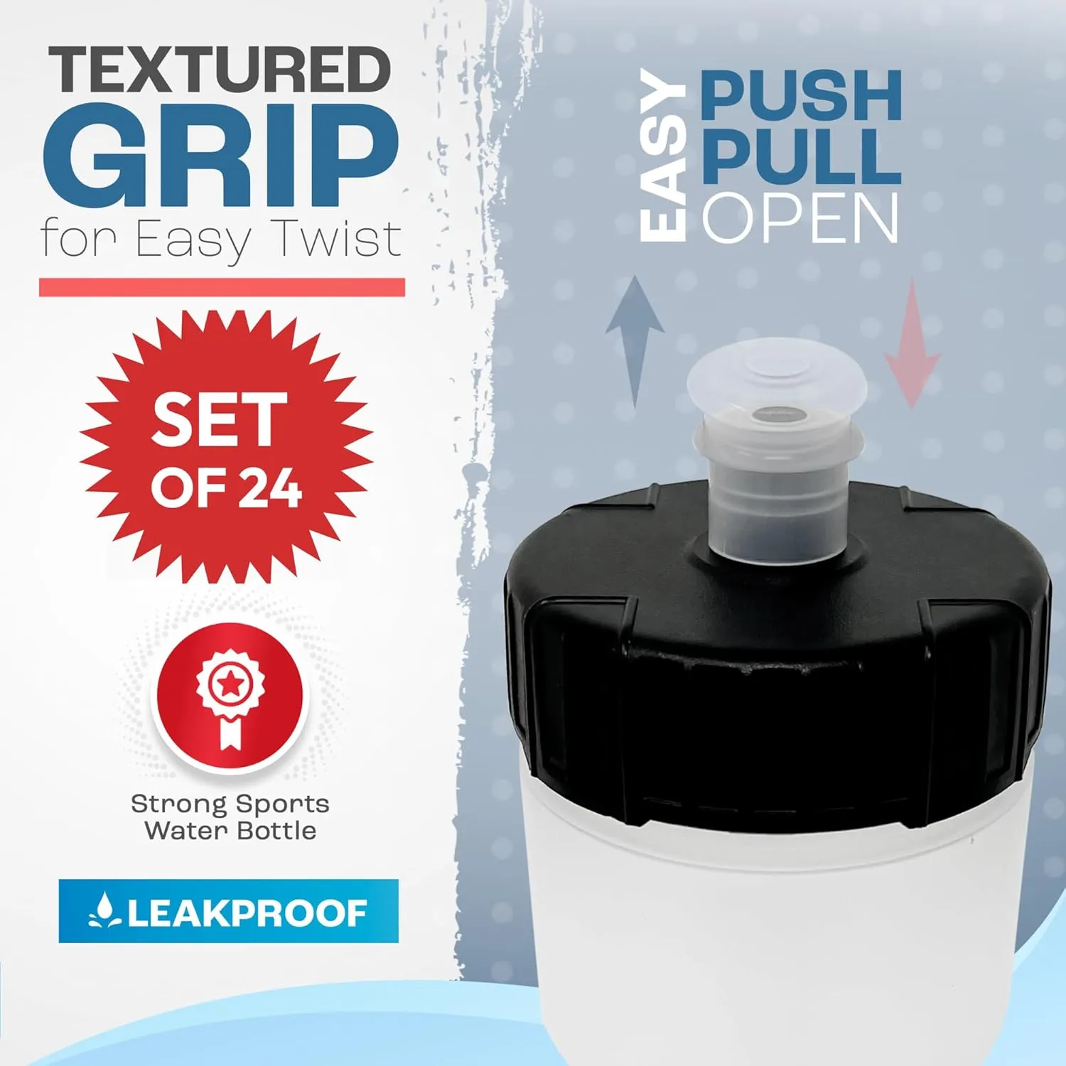 50 Strong Bulk Water Bottles | 24 Pack Sports Bottle | 22 oz. BPA-Free Easy Open with Pull Top Cap | Made in USA | Reusable Plastic Water Bottles for Adults & Kids | Top Rack Dishwasher Safe