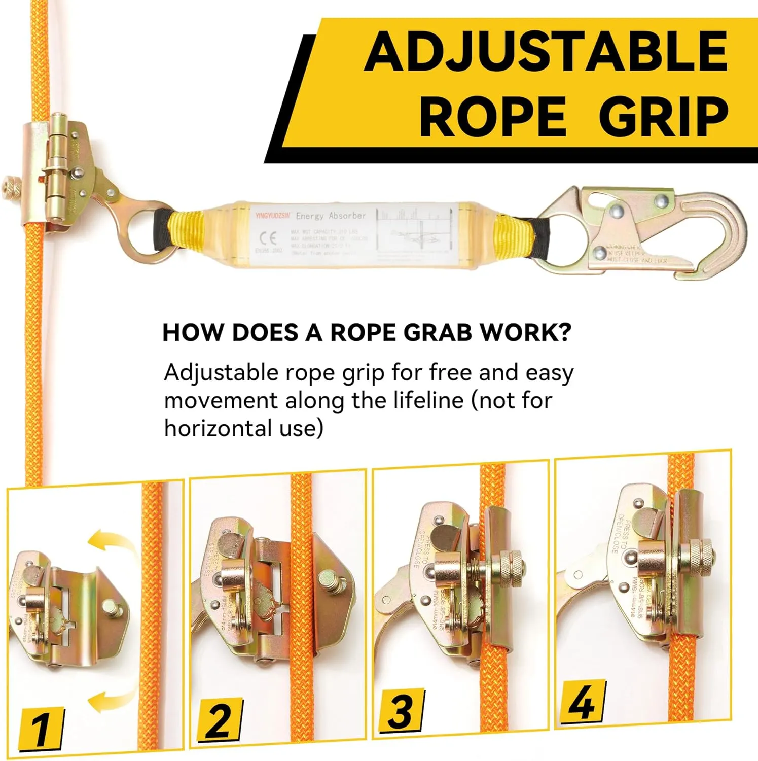 50ft Vertical Roofing Rope，Fall Protection Safety Rope with Two Rope Grab Snap Hooks Shock Absorber，Vertical Lifeline Assembly，Safety Climbing Equipment Roofing Safety Kit