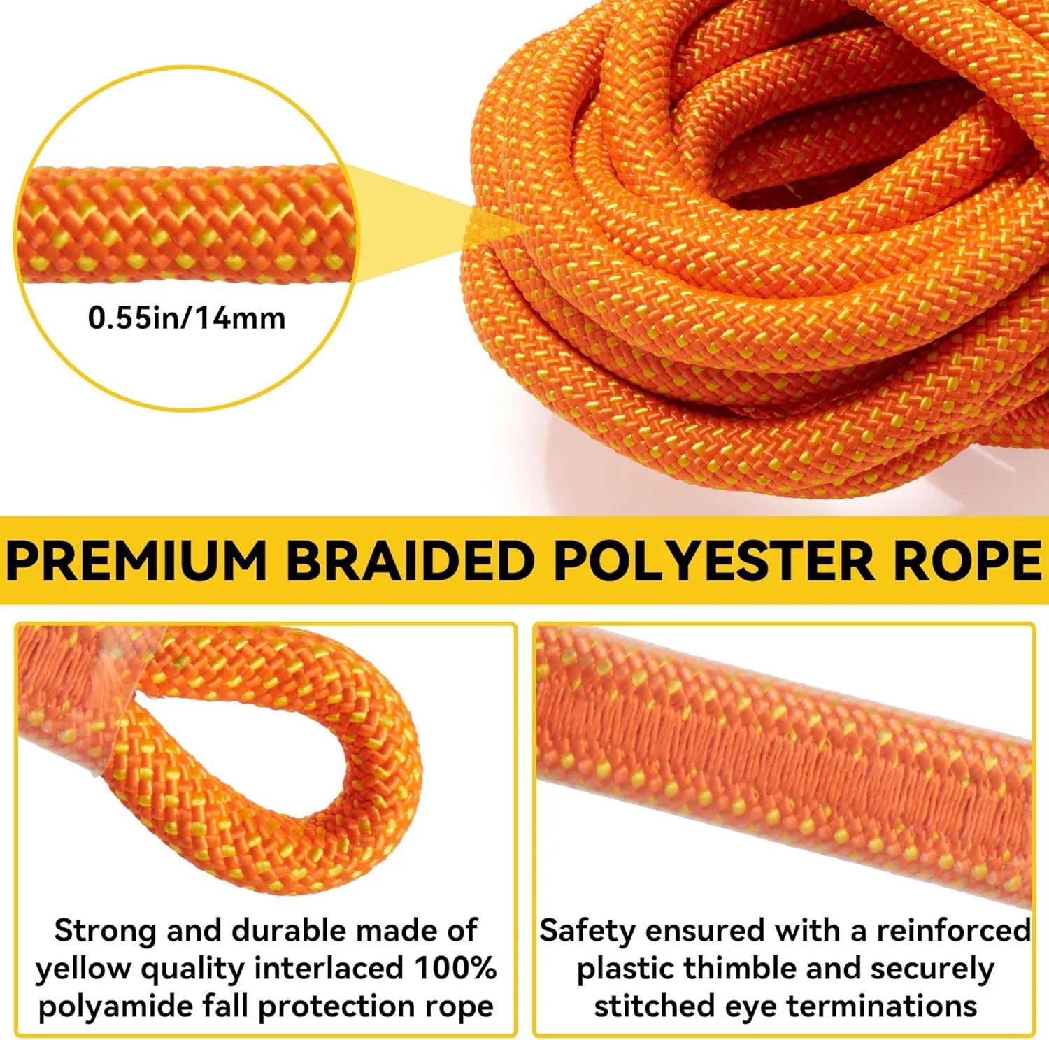50ft Vertical Roofing Rope，Fall Protection Safety Rope with Two Rope Grab Snap Hooks Shock Absorber，Vertical Lifeline Assembly，Safety Climbing Equipment Roofing Safety Kit