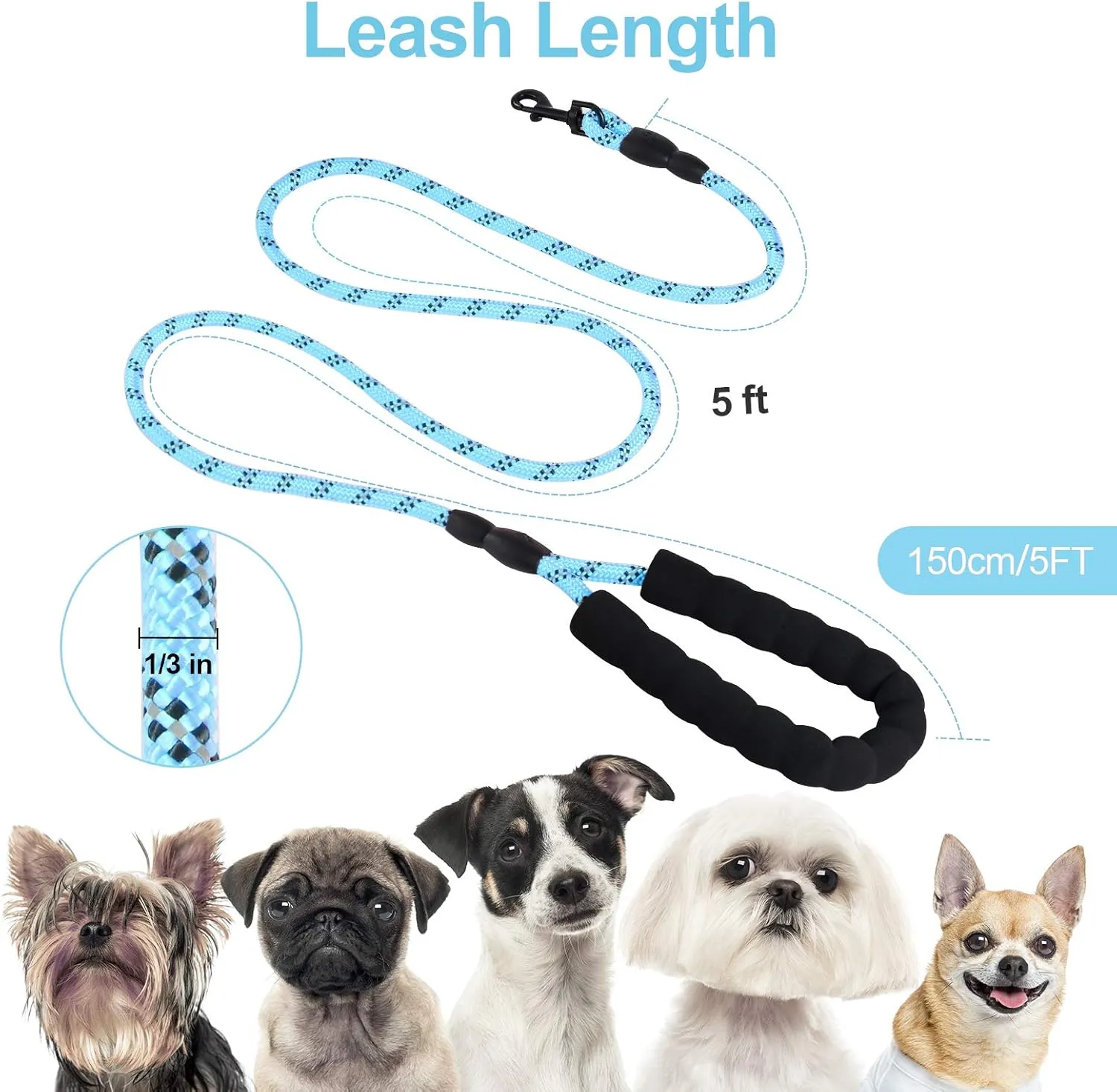5ft 1/3in Light Weight Strong Blue Dog Leash for Small Dogs & X Small Dogs, Highly Reflective Durable Rope Puppy Leash with Soft Padded Anti-Slip Handle for Casual Walk (0~18 lbs.)