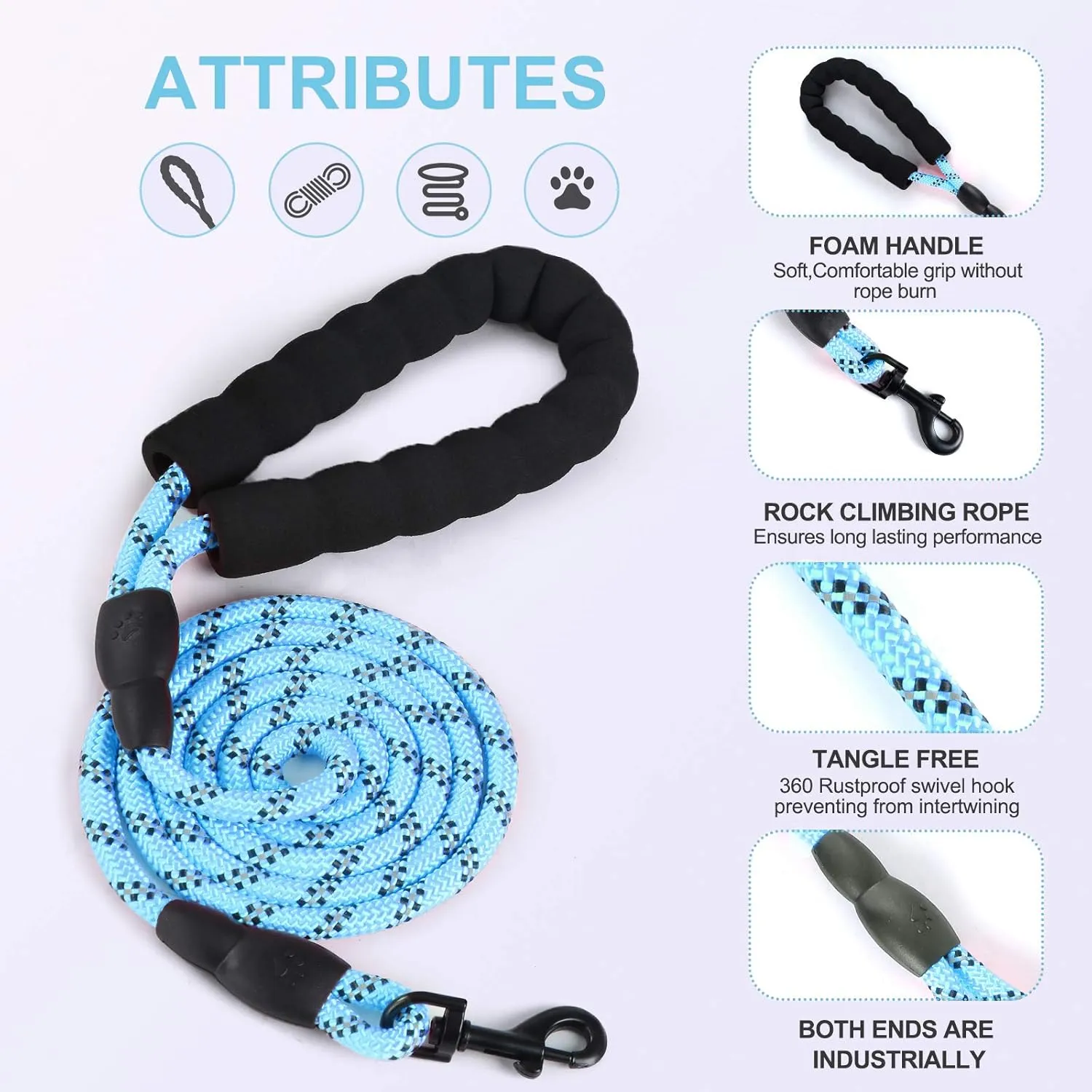 5ft 1/3in Light Weight Strong Blue Dog Leash for Small Dogs & X Small Dogs, Highly Reflective Durable Rope Puppy Leash with Soft Padded Anti-Slip Handle for Casual Walk (0~18 lbs.)