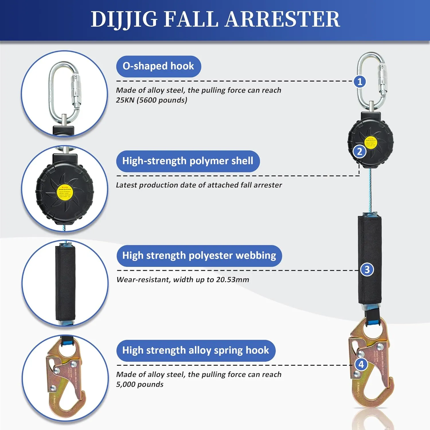 6 ft.Fall Protection Automatic Return Rope、Polyester Webbing, Swivel top, Steel Carabinerself retracting Lifeline Fall Protection Lanyard para construcción yoyo de seguridad auto Belay Device