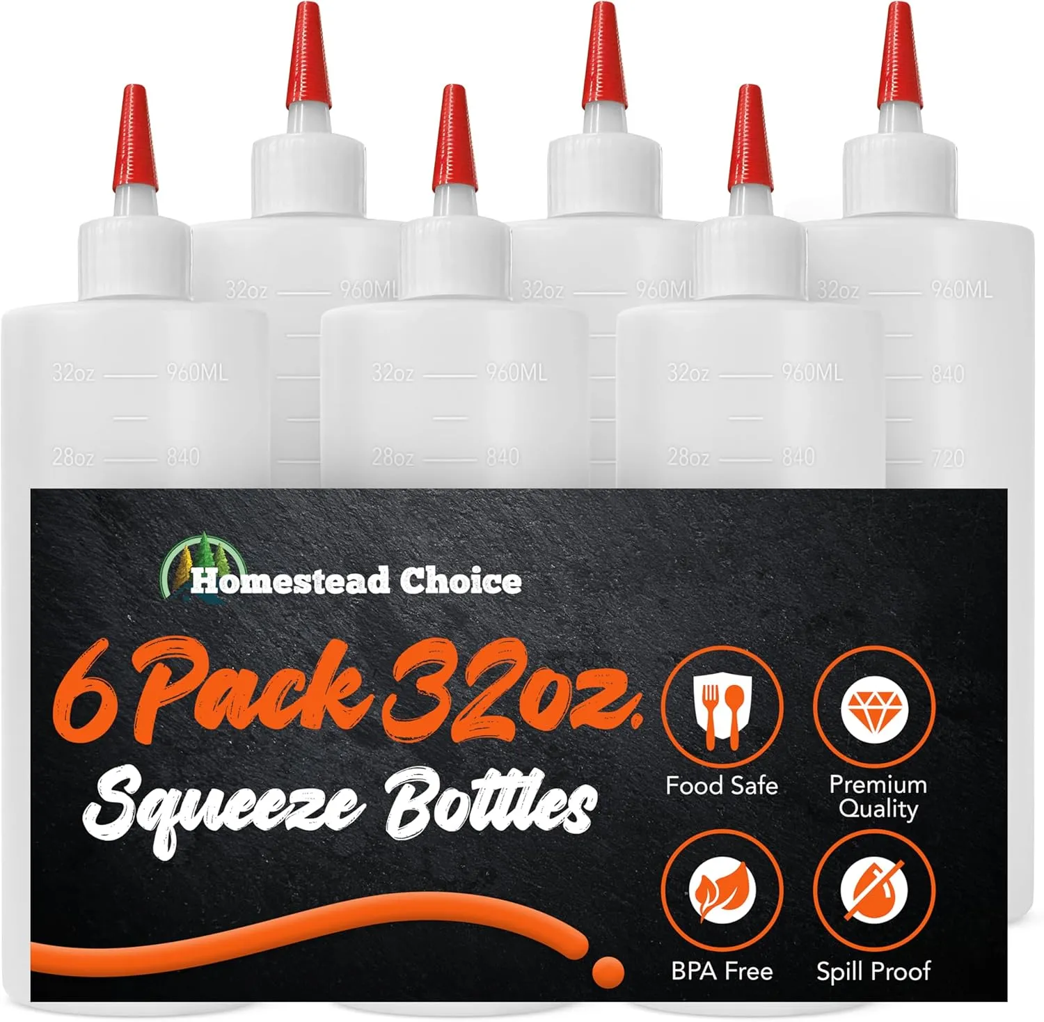 6-pack Plastic Squeeze Bottles for Sauces - 32oz Condiment Squeeze Bottles for Liquids - BPA Free Squirt Bottle with Cap - Ketchup, Syrup, Oil, Dressings, Honey & Arts and Crafts