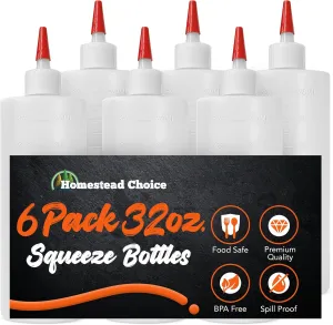 6-pack Plastic Squeeze Bottles for Sauces - 32oz Condiment Squeeze Bottles for Liquids - BPA Free Squirt Bottle with Cap - Ketchup, Syrup, Oil, Dressings, Honey & Arts and Crafts