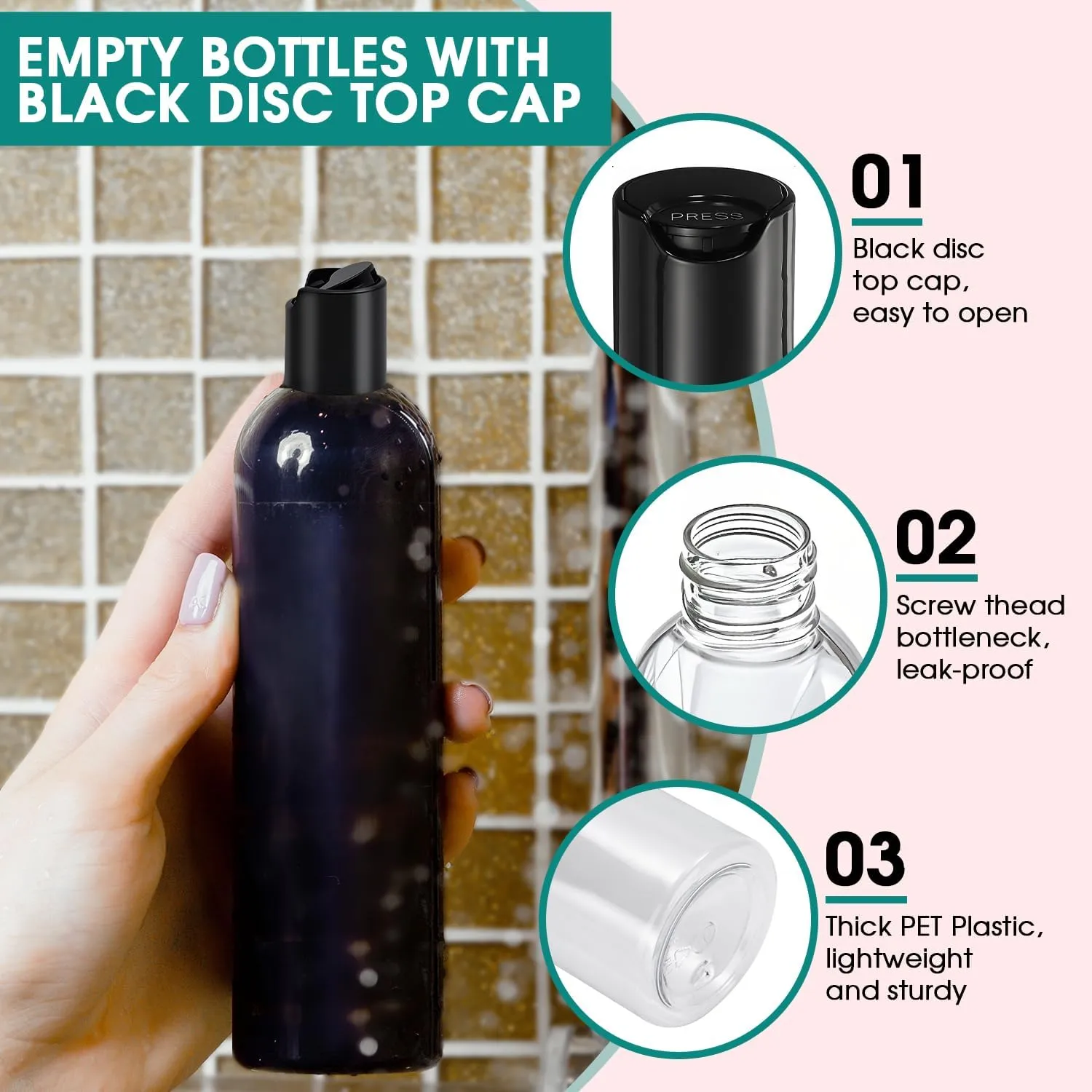 6 Pcs 16 oz Clear Plastic Empty Bottles with Black Disc Top Caps, Squeezable Refillable Shampoo Bottles Travel Cosmetic Containers for Lotions, Body Soap Cream
