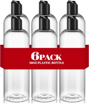 6 Pcs 16 oz Clear Plastic Empty Bottles with Black Disc Top Caps, Squeezable Refillable Shampoo Bottles Travel Cosmetic Containers for Lotions, Body Soap Cream