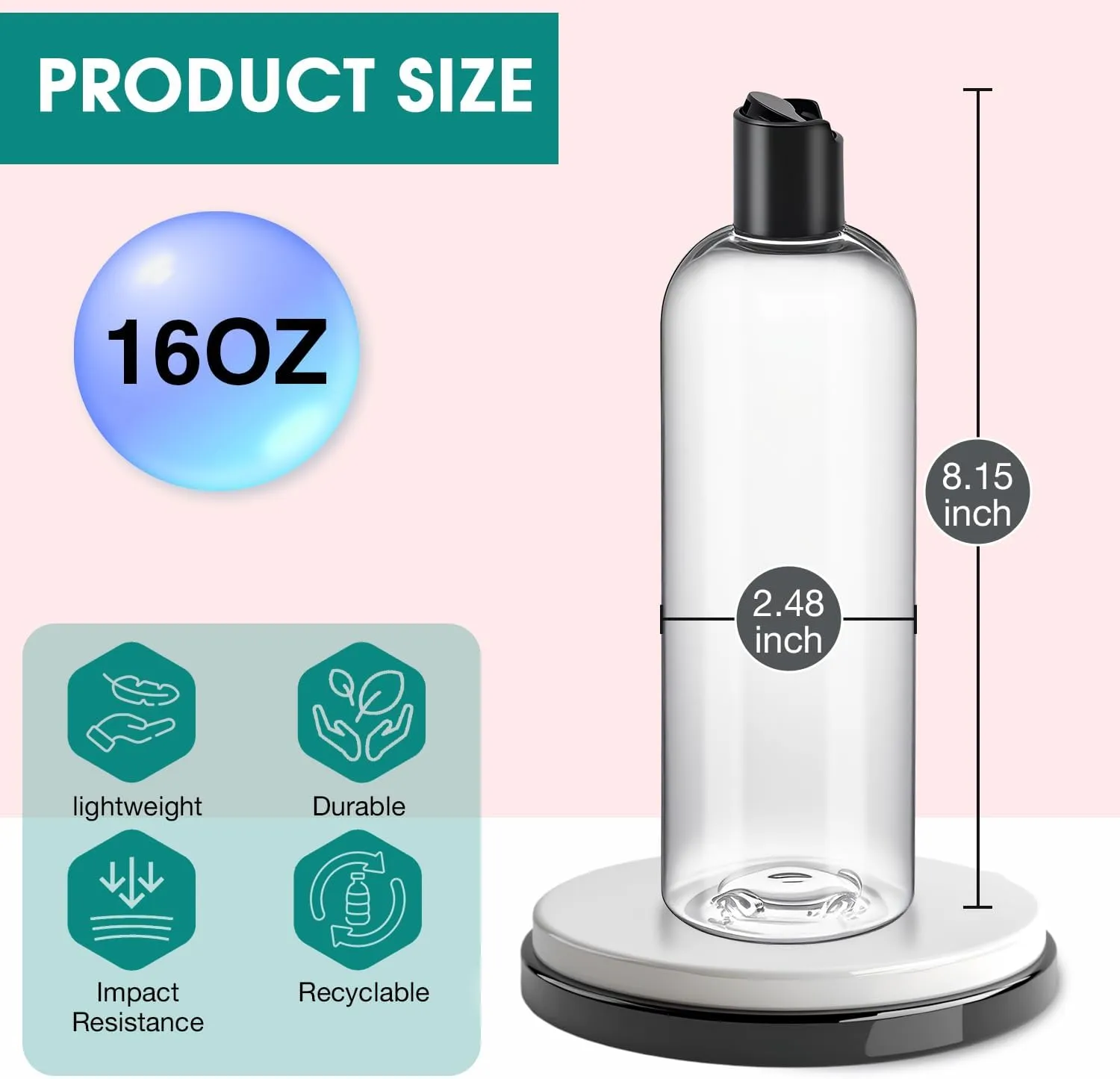 6 Pcs 16 oz Clear Plastic Empty Bottles with Black Disc Top Caps, Squeezable Refillable Shampoo Bottles Travel Cosmetic Containers for Lotions, Body Soap Cream