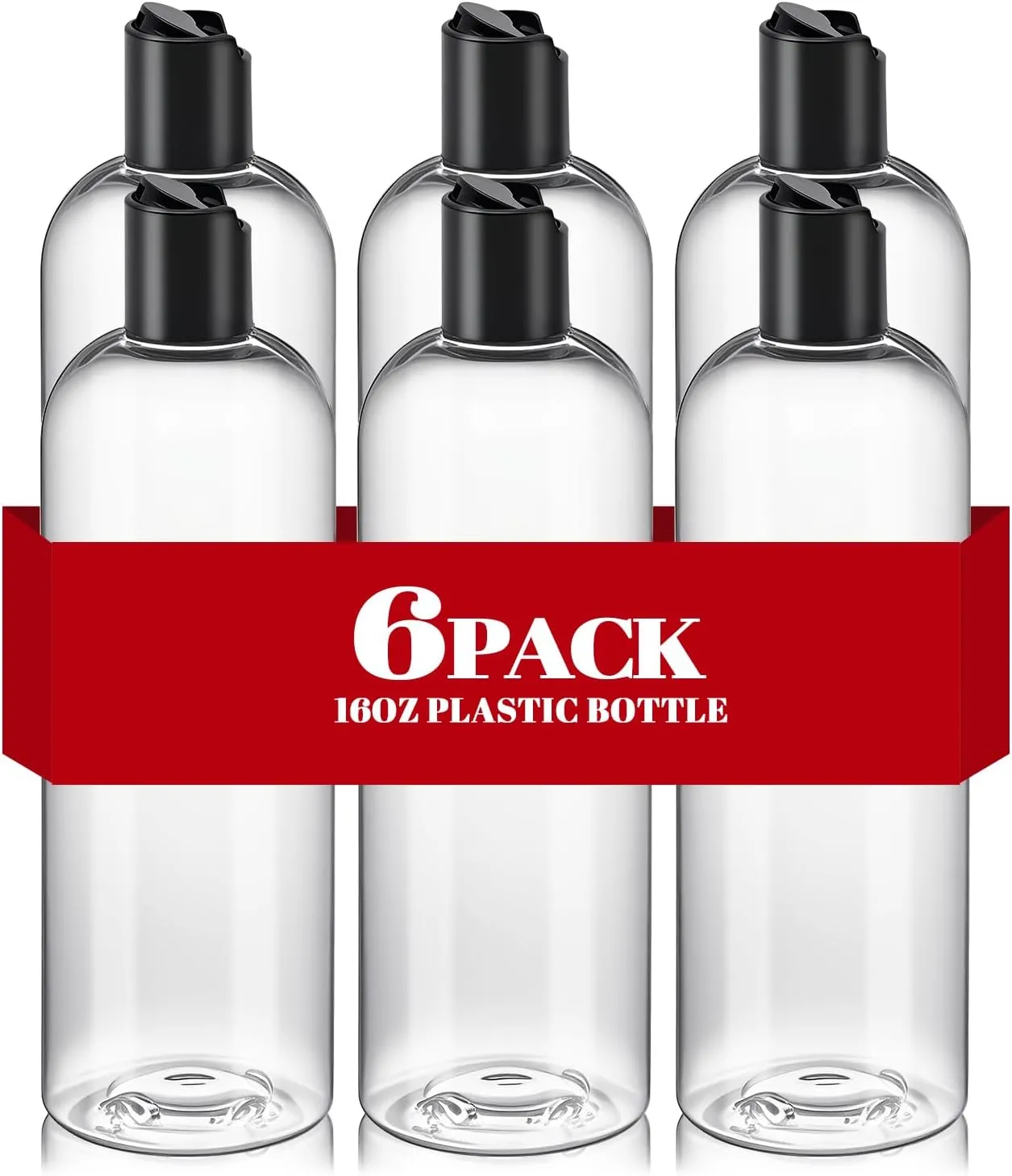 6 Pcs 16 oz Clear Plastic Empty Bottles with Black Disc Top Caps, Squeezable Refillable Shampoo Bottles Travel Cosmetic Containers for Lotions, Body Soap Cream