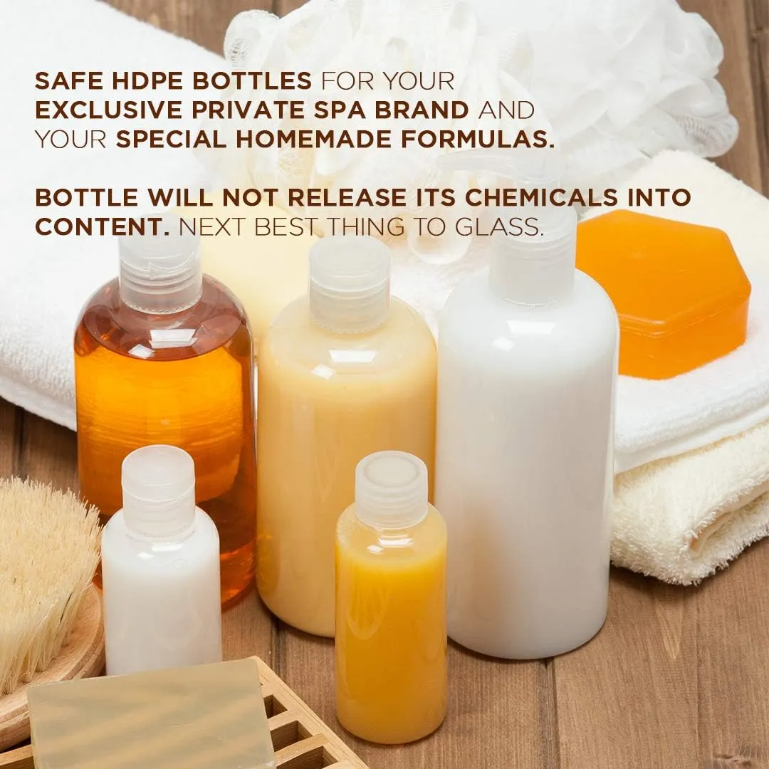 6pcs Empty White HDPE Bottle 8oz - Bullet Round Plastic Bottles - 24/410 Neck Black Disc Cap - 24 mm Foil Pressure Seal for Freshness and Leak Prevention - Phthalates Free Approved for Safe Cosmetics
