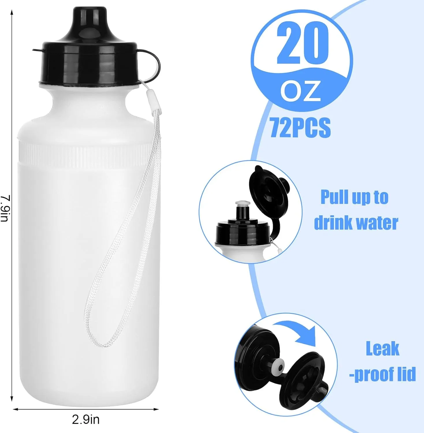 72 Pcs Sports Water Bottles Bulk 20 oz Squeeze Reusable Plastic Water Bottles with Nylon Strap Leak Proof Blank DIY Cups for School Football Team Beach Summer Graduation Gifts