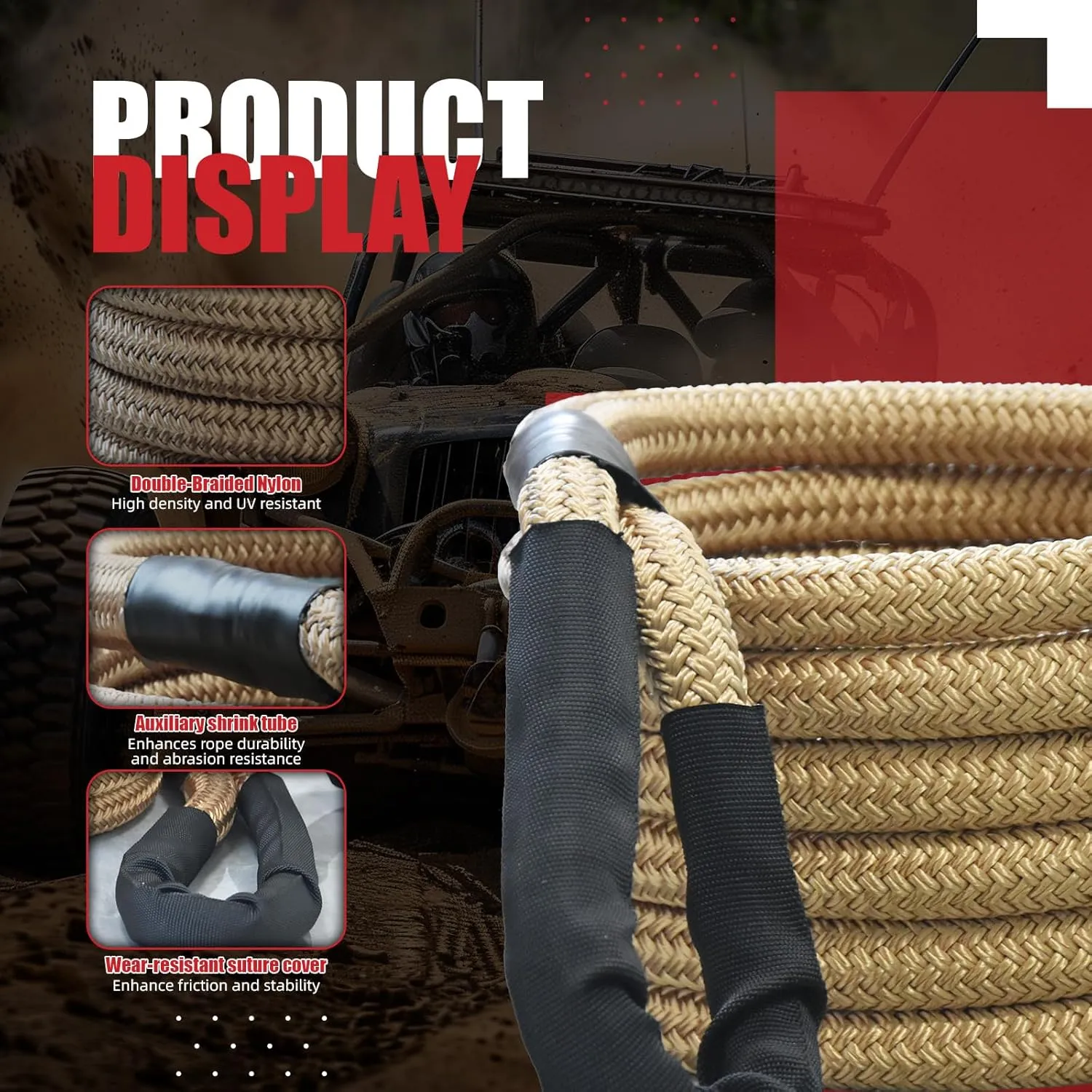 7/8" x 20' Kinetic Recovery Tow Rope with Reinforced Loop (28,000lbs) Heavy Duty Energy Rope Offroad Snatch Strap for Jeep Car Vehicle Truck ATV UTV SUV, Brown