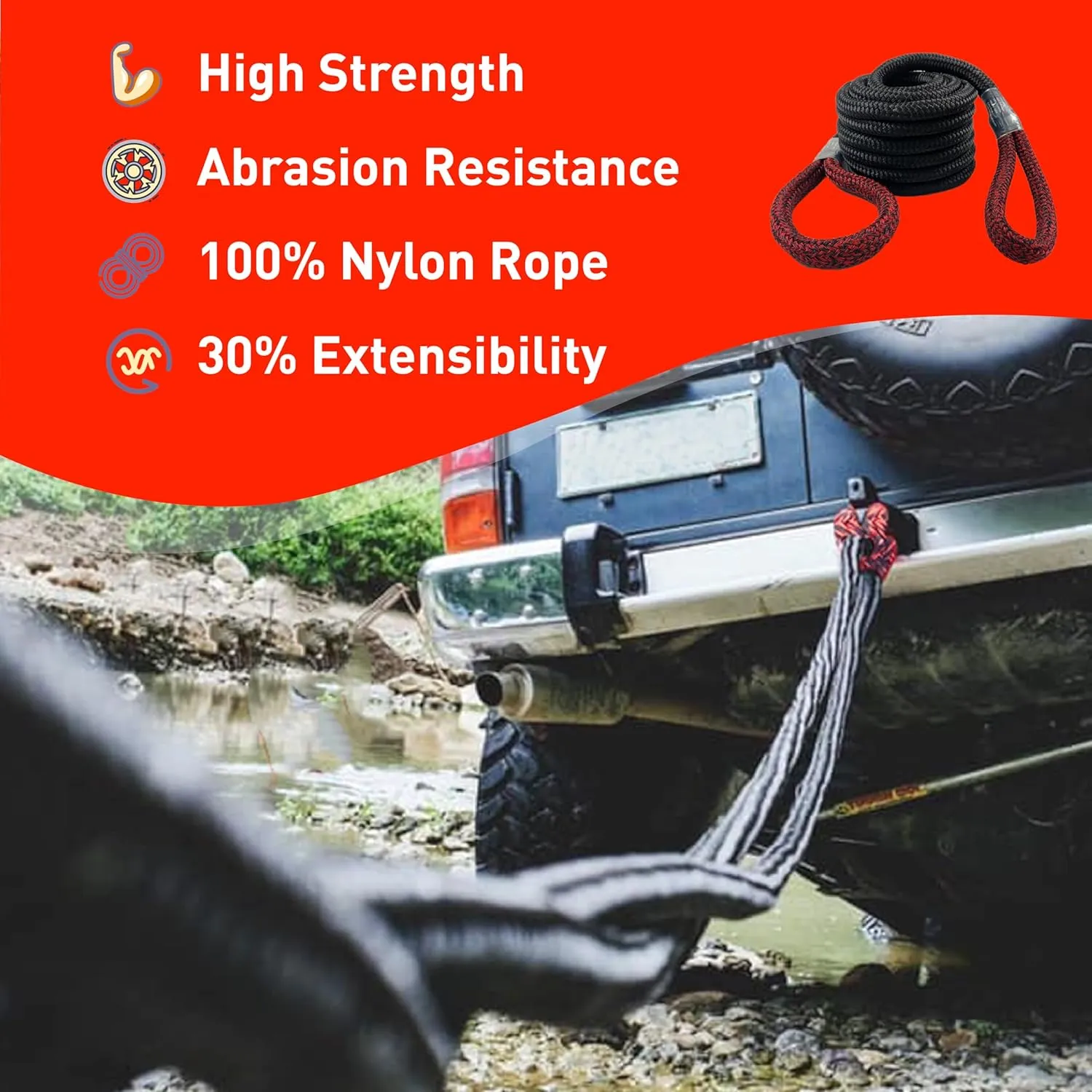 7/8" x 30' Kinetic Recovery & Towing Rope - 29,000lbs Breaking Strength - Heavy Duty Off-Road Snatch Rope with 2 Soft Shackles (40,000lbs) and Free Carrying Bag