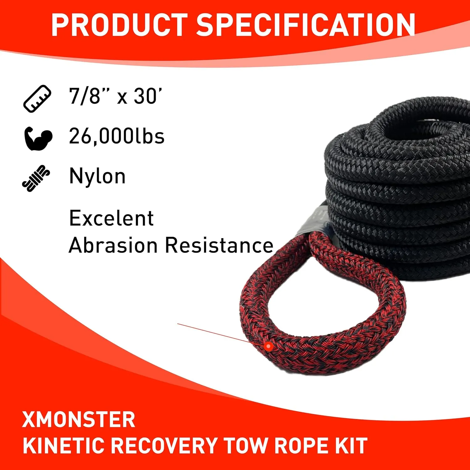 7/8" x 30' Kinetic Recovery & Towing Rope - 29,000lbs Breaking Strength - Heavy Duty Off-Road Snatch Rope with 2 Soft Shackles (40,000lbs) and Free Carrying Bag