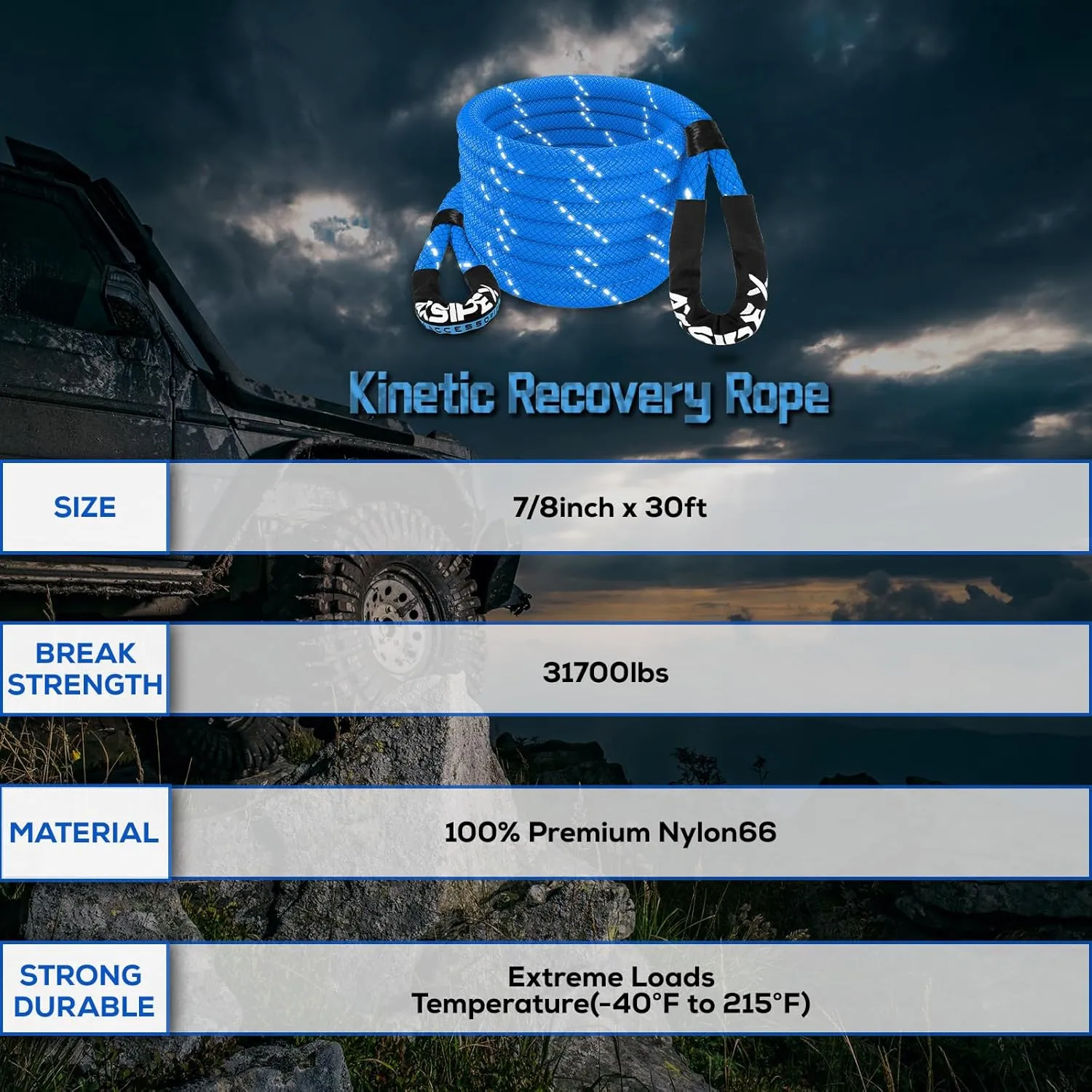 7/8"×30ft Kinetic Recovery Rope (31,700lbs) Heavy Duty Offroad Kinetic Rope for UTV, ATV, SUV, Car (Blue)