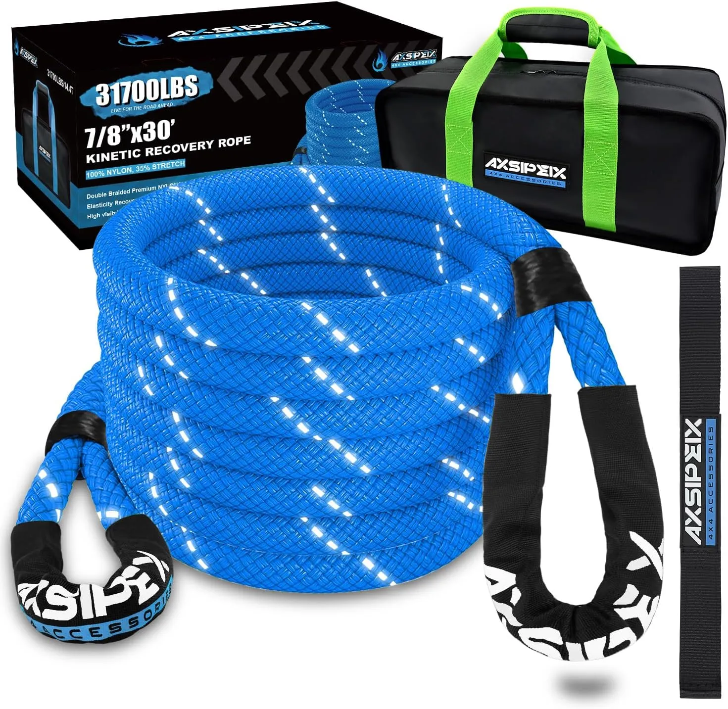 7/8"×30ft Kinetic Recovery Rope (31,700lbs) Heavy Duty Offroad Kinetic Rope for UTV, ATV, SUV, Car (Blue)