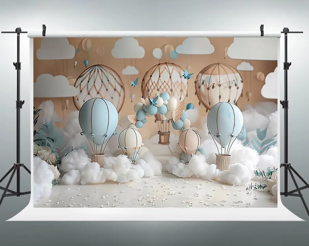 7x5ft Hot Air Balloon Backdrop Travel Adventure Birthday Party Background Banner White Cloud Arch Balloons Decorations Kids Baby Shower Party Photo Booth Props