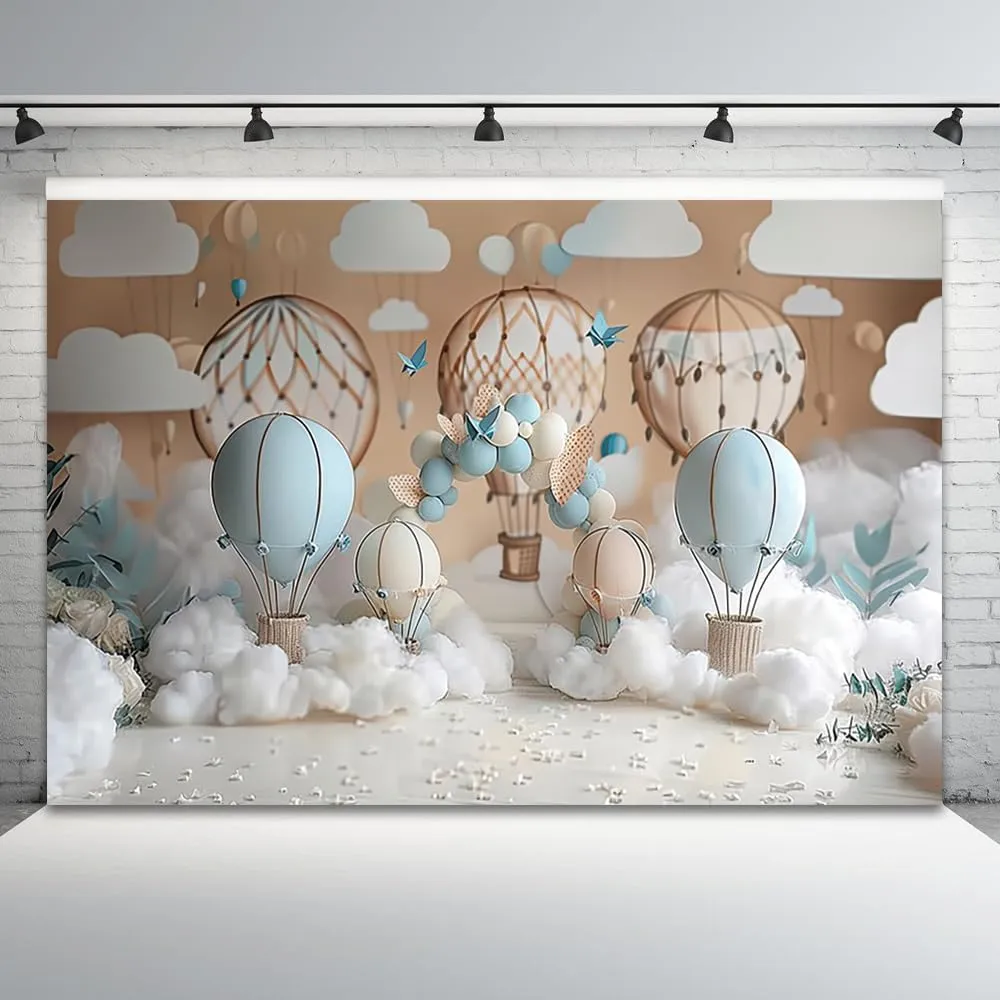 7x5ft Hot Air Balloon Backdrop Travel Adventure Birthday Party Background Banner White Cloud Arch Balloons Decorations Kids Baby Shower Party Photo Booth Props