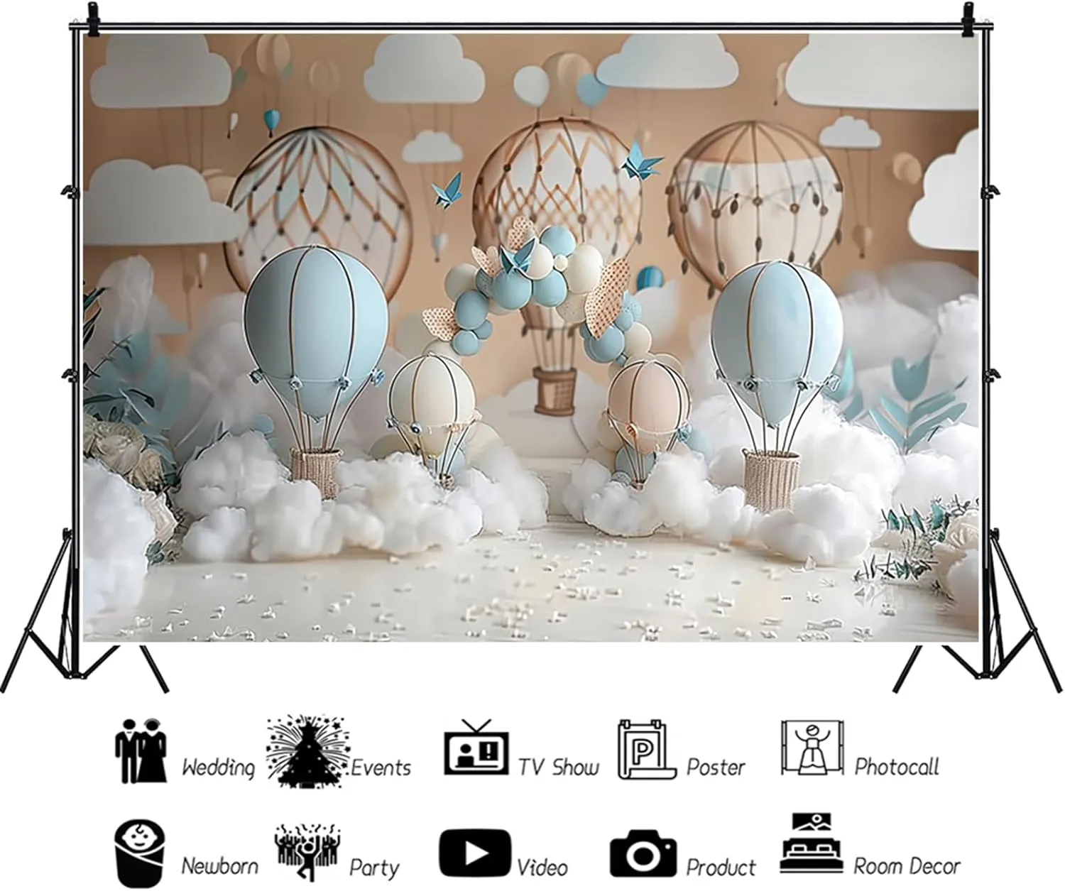 7x5ft Hot Air Balloon Backdrop Travel Adventure Birthday Party Background Banner White Cloud Arch Balloons Decorations Kids Baby Shower Party Photo Booth Props