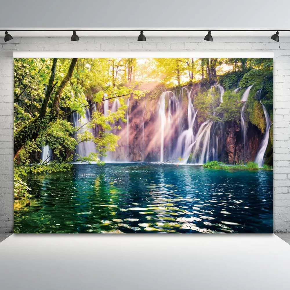 7x5ft Waterfall Backdrop Forest Lake Spring Outdoor Natural Scenery Photography Background Home Wall Decor Banner Kids Adult Portrait Photo Shot Props