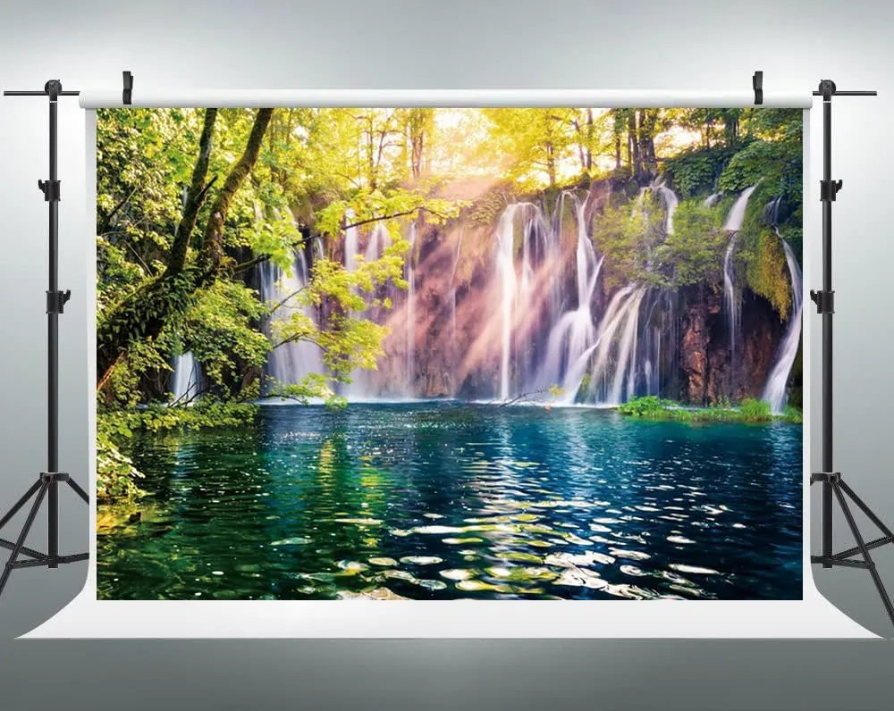 7x5ft Waterfall Backdrop Forest Lake Spring Outdoor Natural Scenery Photography Background Home Wall Decor Banner Kids Adult Portrait Photo Shot Props