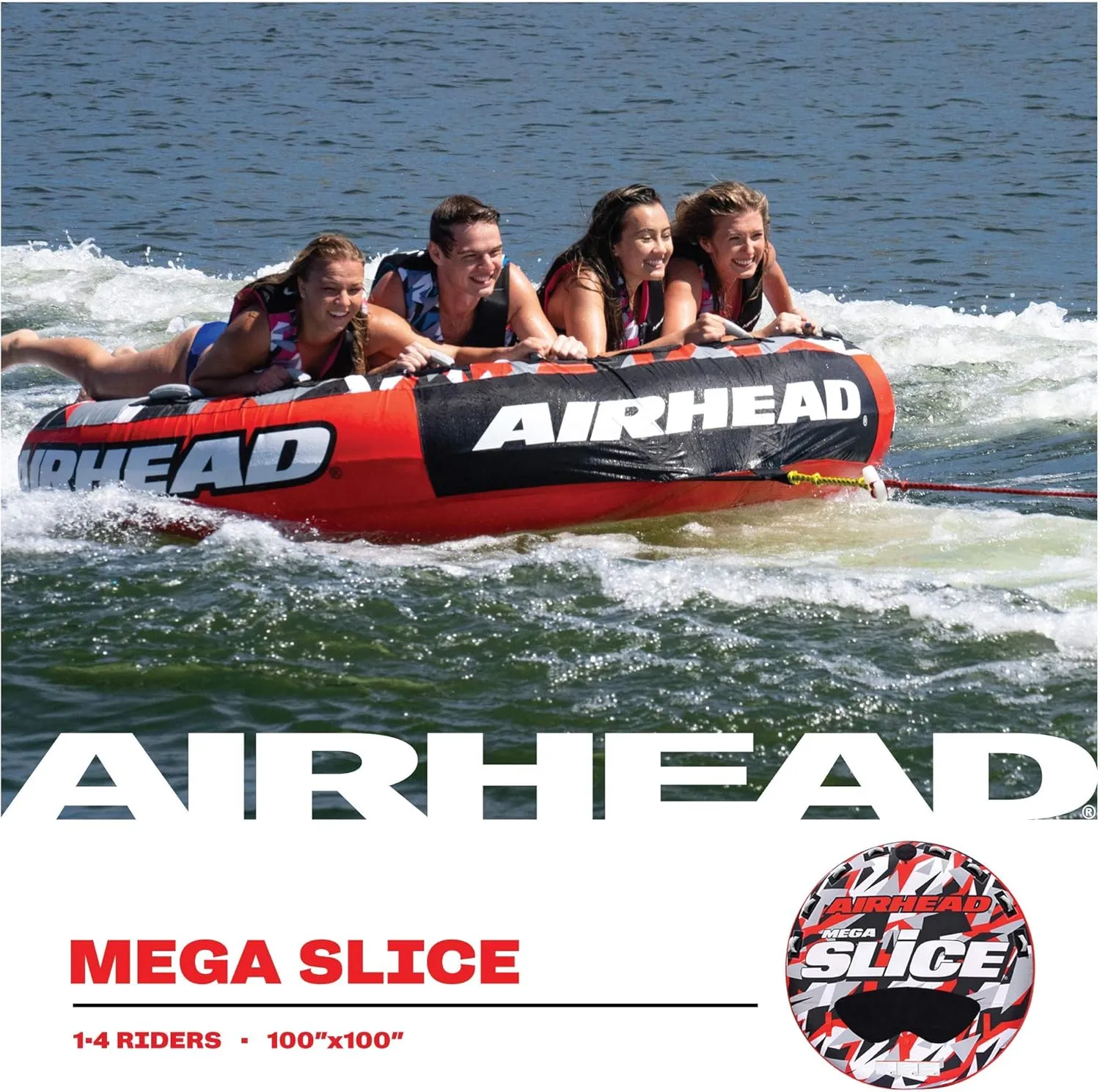 Airhead Slice Towable 2-4 Rider Models, Tube for Boating and Water Sports, Heavy Duty Full Nylon Cover with Zipper, EVA Foam Pads, and Patented Speed Safety Valve for Easy Inflating & Deflating