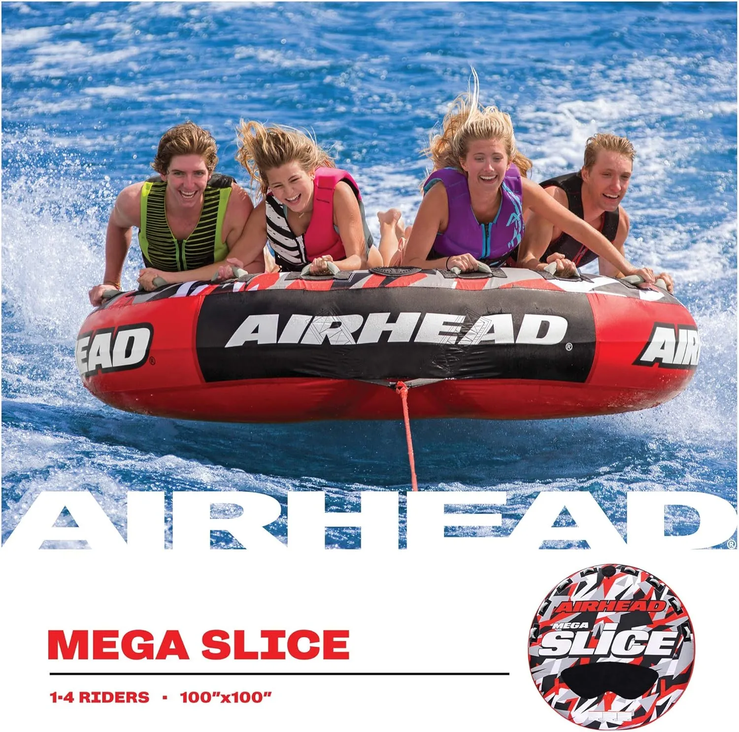 Airhead Slice Towable 2-4 Rider Models, Tube for Boating and Water Sports, Heavy Duty Full Nylon Cover with Zipper, EVA Foam Pads, and Patented Speed Safety Valve for Easy Inflating & Deflating