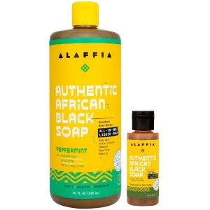 Alaffia Authentic African Black Soap Variety 2-Pack – All-In-One Liquid Soap, Travel-Size Eucalyptus Tea Tree   Full-Size Peppermint Body Wash, Face Wash, Shampoo, Shaving Soap