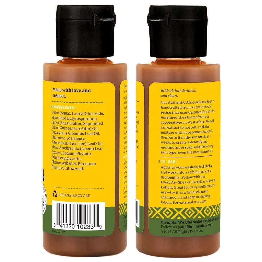Alaffia Authentic African Black Soap Variety 2-Pack – All-In-One Liquid Soap, Travel-Size Eucalyptus Tea Tree   Full-Size Rosewater Peony Body Wash, Face Wash, Shampoo, Shaving Soap