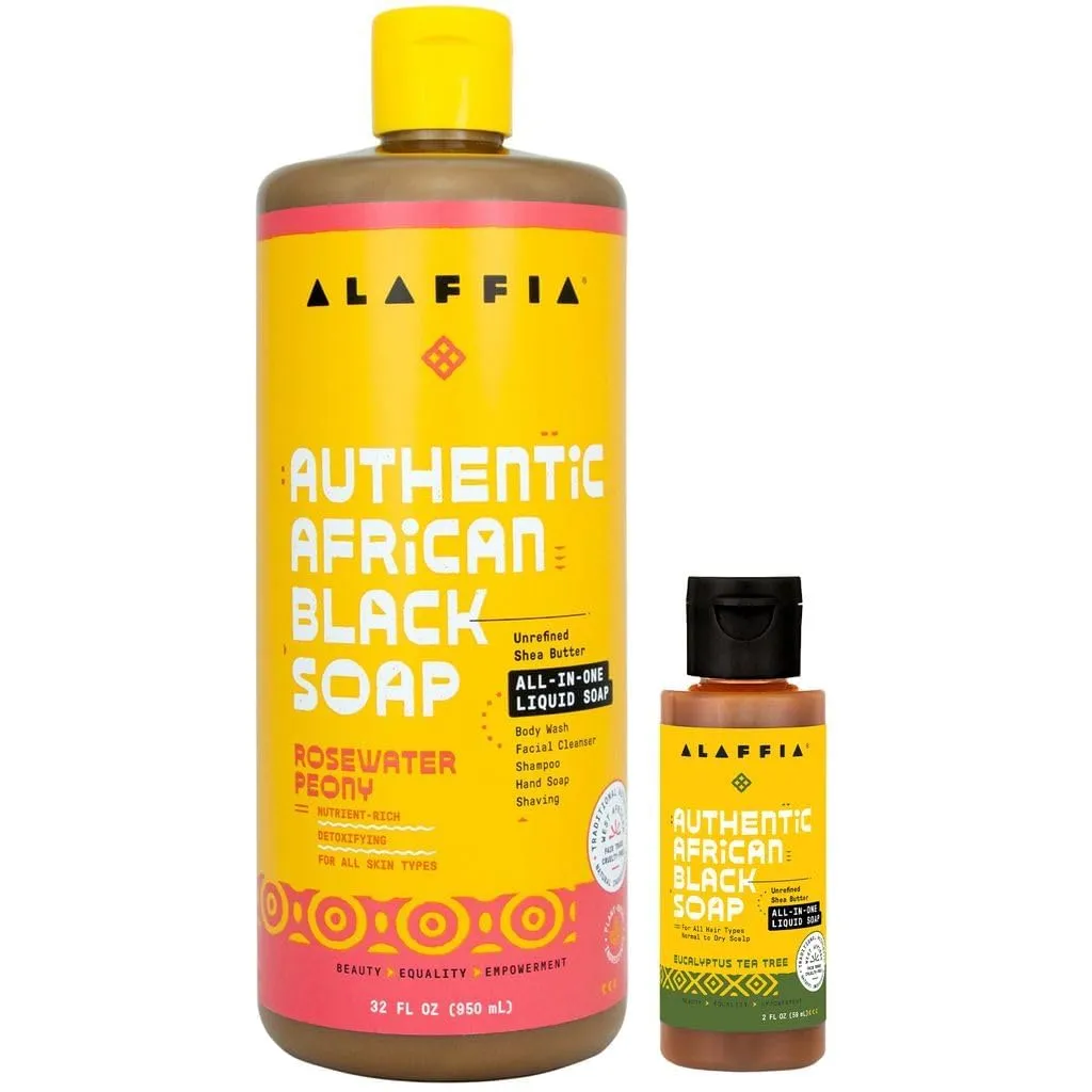 Alaffia Authentic African Black Soap Variety 2-Pack – All-In-One Liquid Soap, Travel-Size Eucalyptus Tea Tree   Full-Size Rosewater Peony Body Wash, Face Wash, Shampoo, Shaving Soap