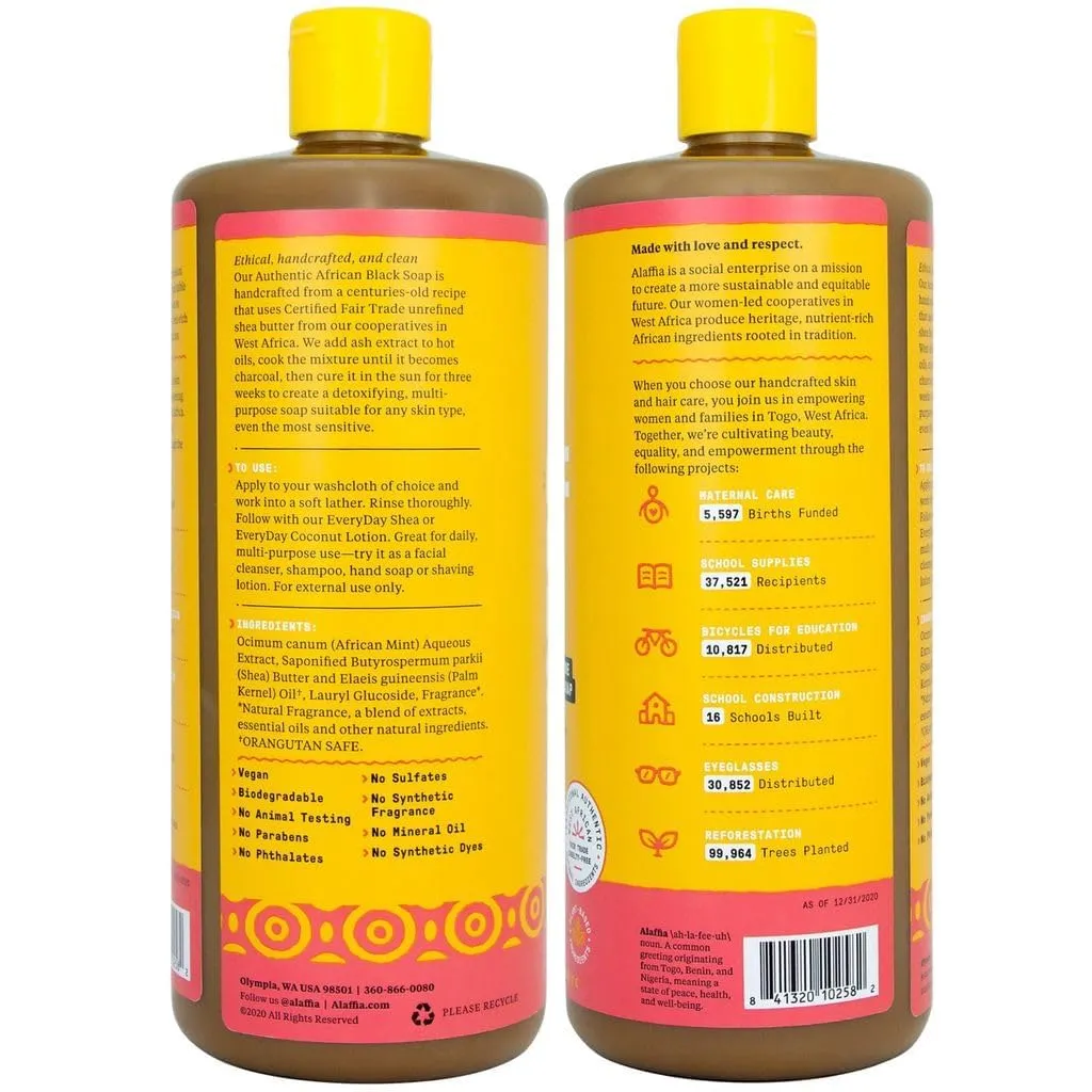 Alaffia Authentic African Black Soap Variety 2-Pack – All-In-One Liquid Soap, Travel-Size Eucalyptus Tea Tree   Full-Size Rosewater Peony Body Wash, Face Wash, Shampoo, Shaving Soap