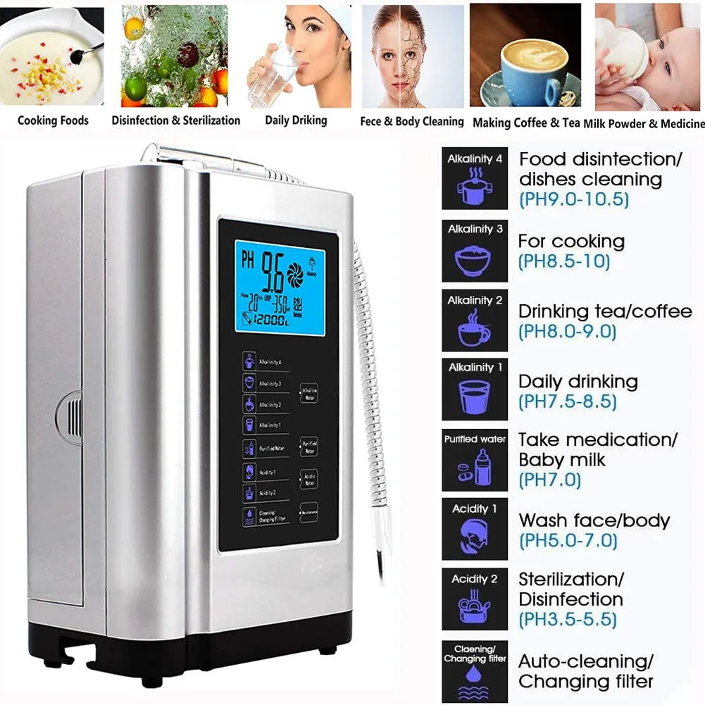 Alkaline Water Ionizer Machine 729, Built-in a Filter, Produces pH 4-10.5 Water, 7 Water Settings, Up to -570mV ORP, 8000L Per Filter, Silver